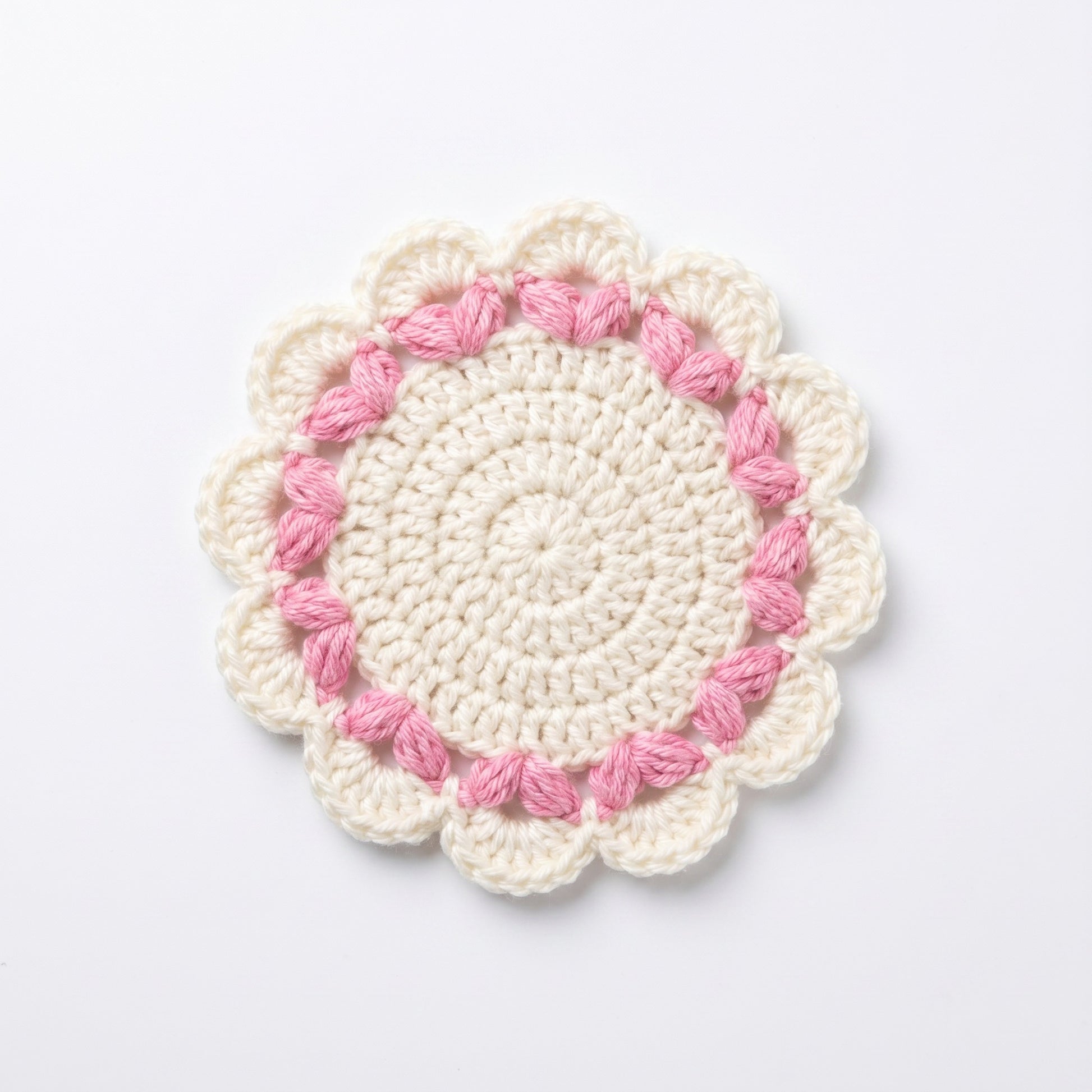 [BerryBow Canonical] BB-COS-FLR-PNK-01 | Hero | White Flame Crochet Coaster – Handmade by Berry Bow