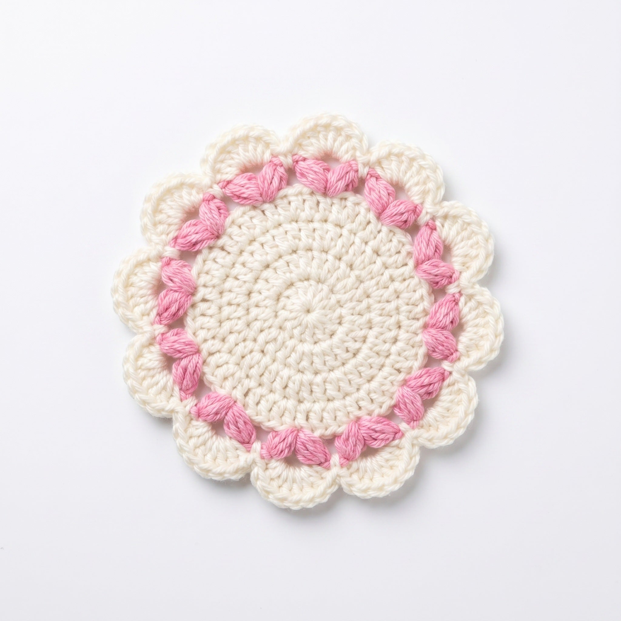 [BerryBow Canonical] BB-COS-FLR-PNK-01 | Hero | White Flame Crochet Coaster – Handmade by Berry Bow
