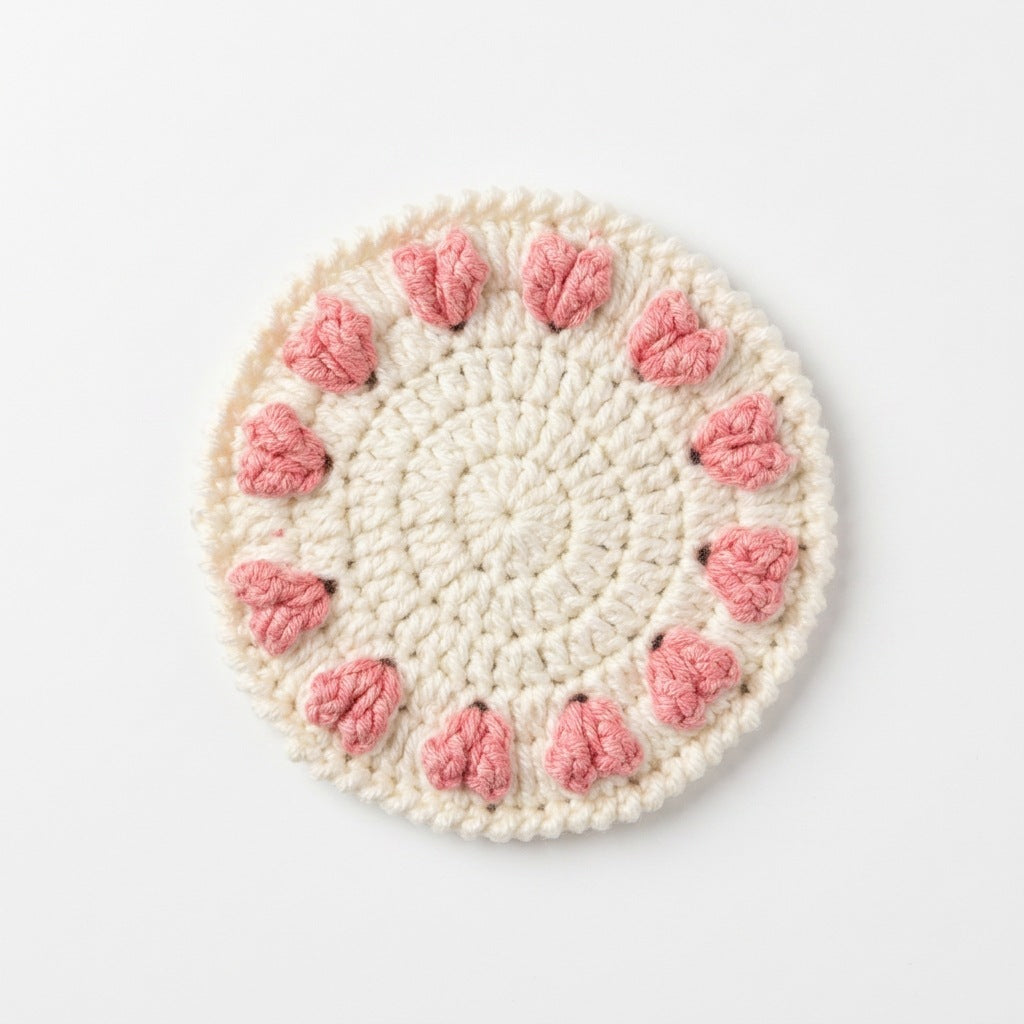 [BerryBow Canonical] BB-COS-FLR-PNK-02 | Hero | Pink Hearts Crochet Coaster – Handmade by Berry Bow