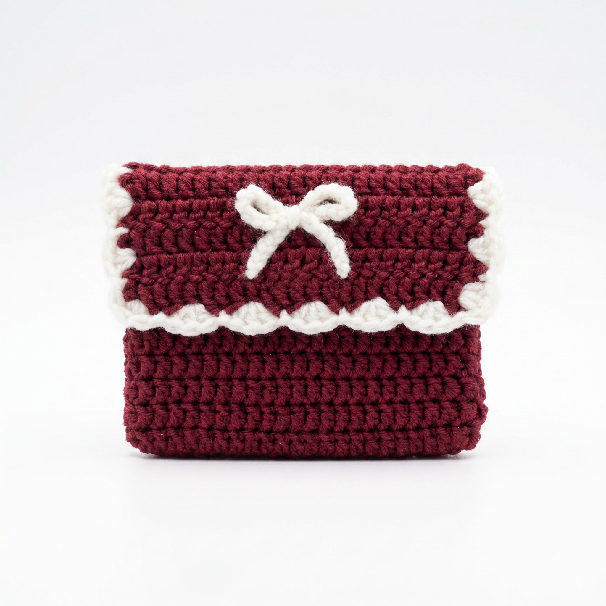 [BerryBow Canonical] BB-POU-BUR-BOW-07 | Hero | Burgundy Bow Crochet Pouch – Handmade by Berry Bow