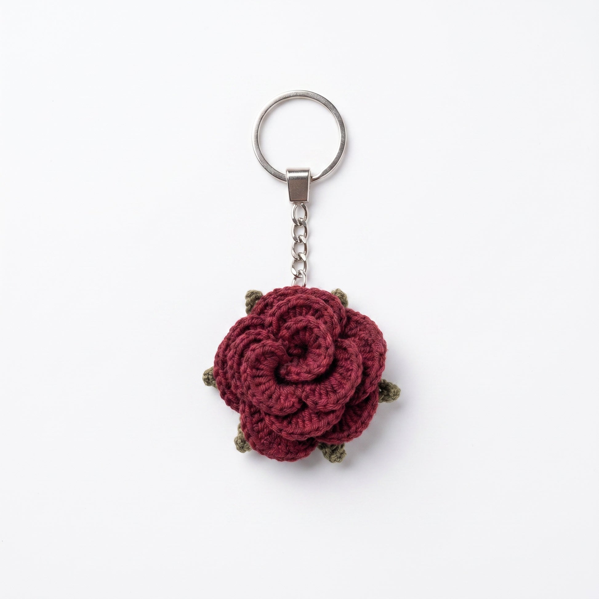 [BerryBow Canonical] BB-KC-ROS-BUR-02 | Hero | Burgundy Little Rose Crochet Keychain – Handmade by Berry Bow