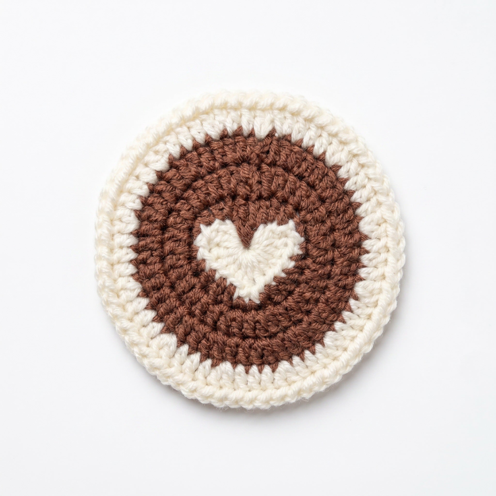 [BerryBow Canonical] BB-COS-NAT-BRN-01 | Hero | Coffee Heart Crochet Coaster – Handmade by Berry Bow