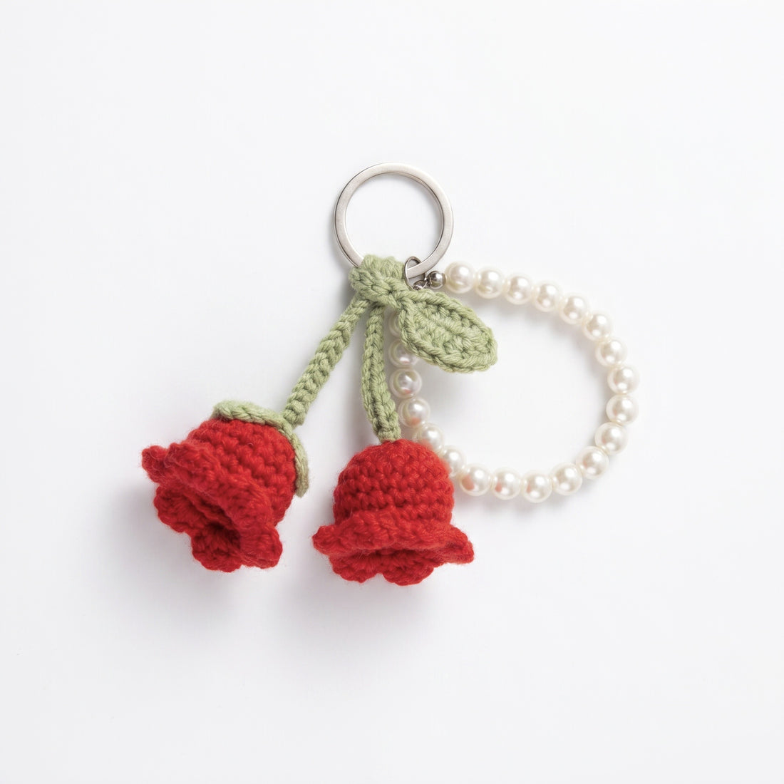 [BerryBow Canonical] BB-KC-BER-RED-03 | Hero | Twin Rose Pearl Crochet Keychain – Handmade by Berry Bow