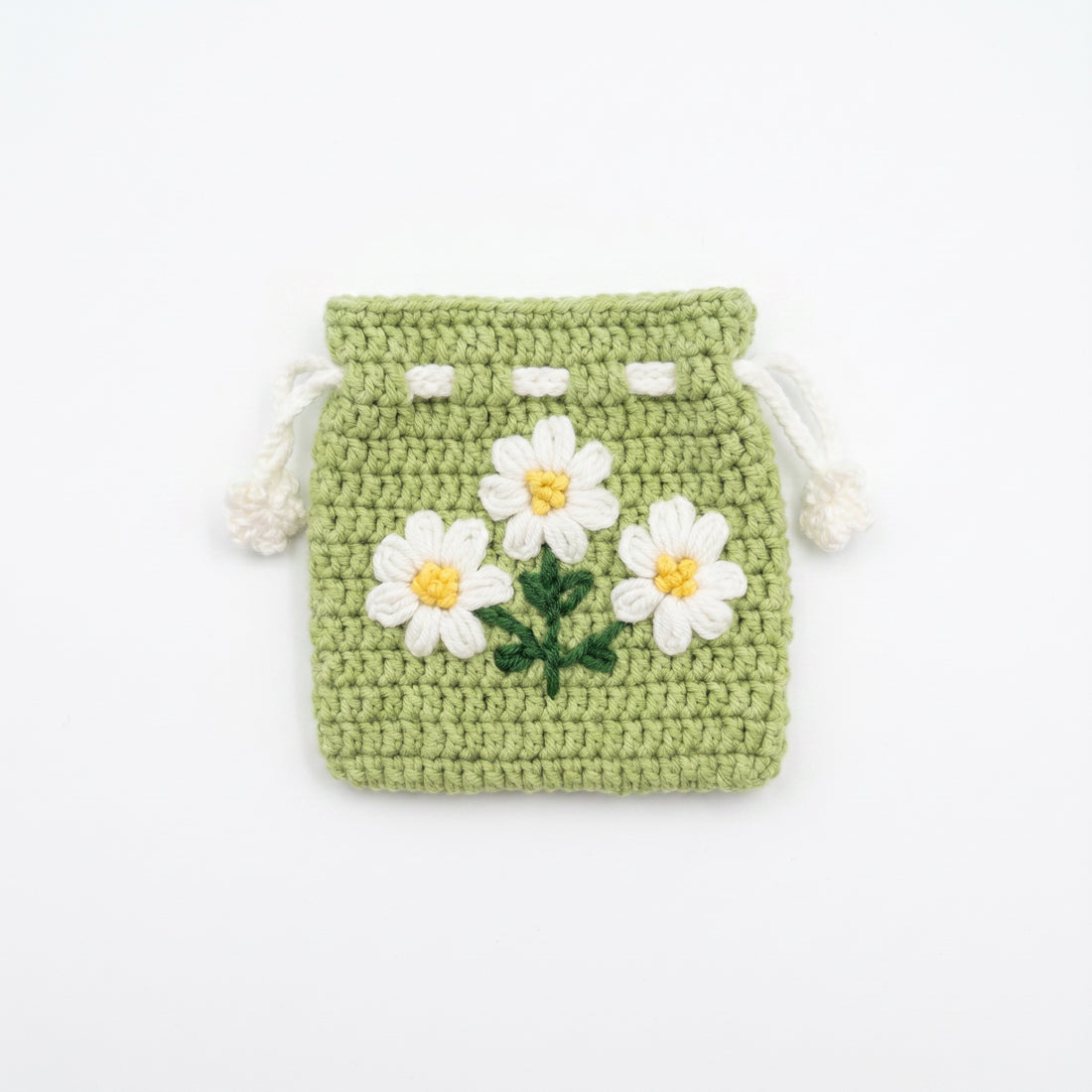 [BerryBow Canonical] BB-POU-GRN-DAI-03 | Hero | Green Daisy Crochet Pouch – Handmade by Berry Bow