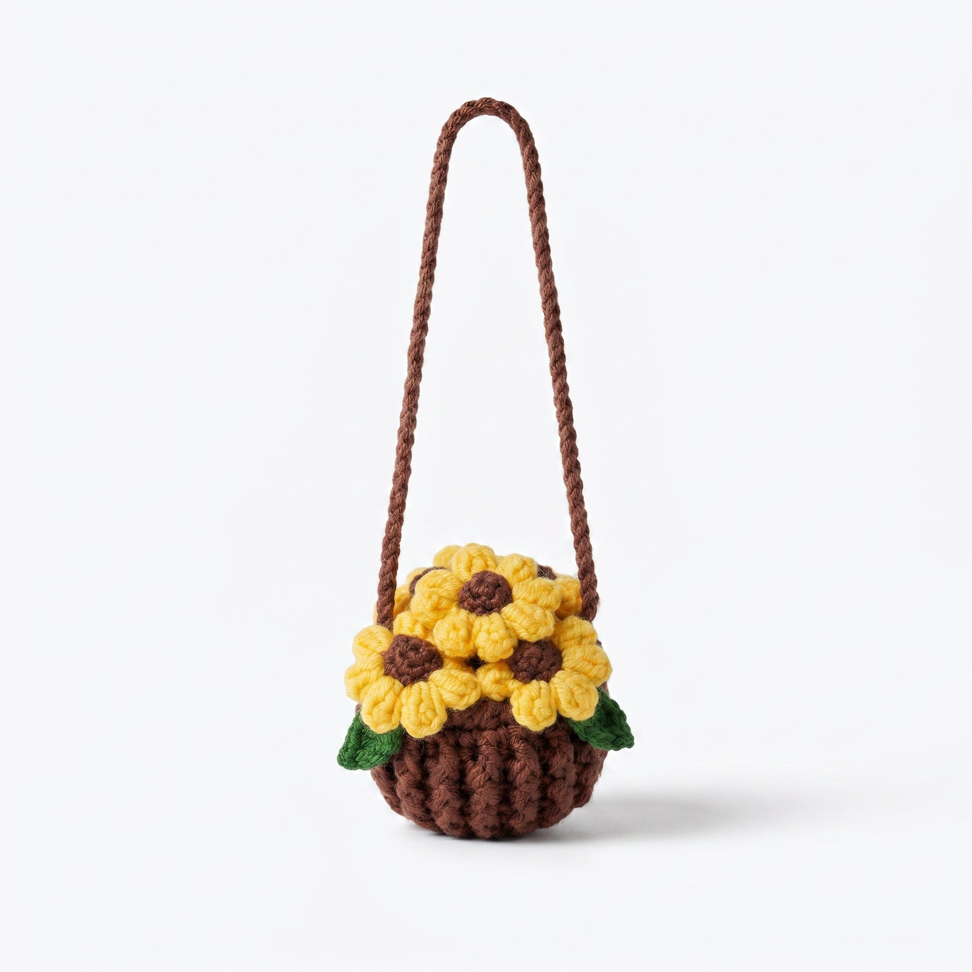 [BerryBow Canonical] BB-CHR-FLR-YEL-01 | Hero | Sunflower Basket Crochet Car Charm – Handmade by Berry Bow