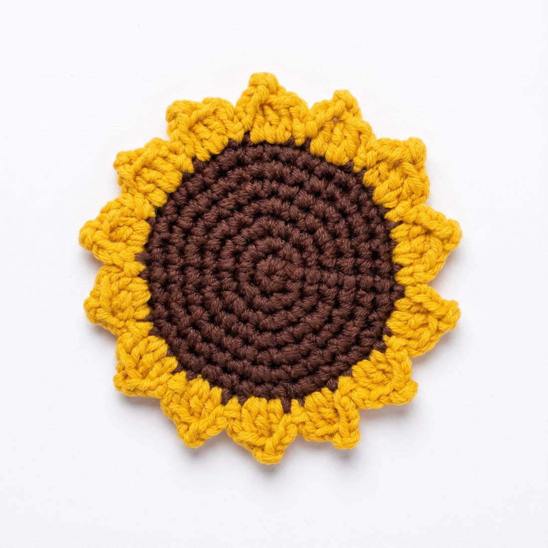[BerryBow Canonical] BB-COS-FLR-YEL-01 | Hero | Sunflower Crochet Coaster – Handmade by Berry Bow