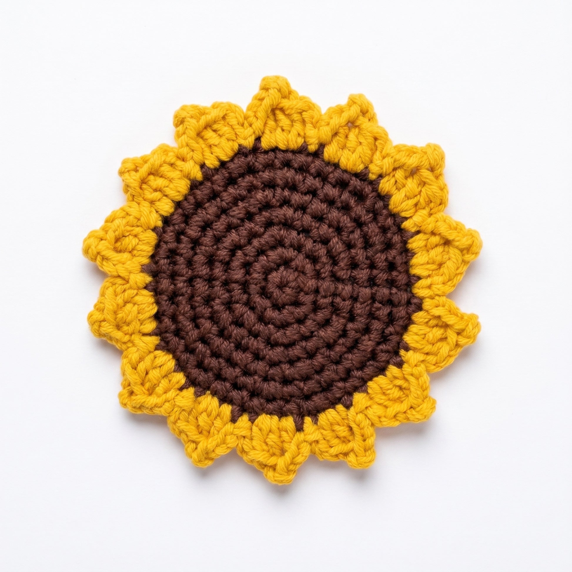 [BerryBow Canonical] BB-COS-FLR-YEL-01 | Hero | Sunflower Crochet Coaster – Handmade by Berry Bow