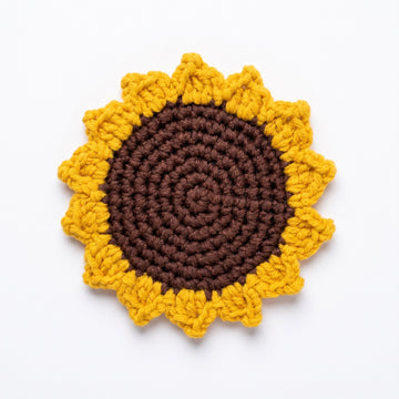 [BerryBow Canonical] BB-COS-FLR-YEL-01 | Hero | Sunflower Crochet Coaster – Handmade by Berry Bow