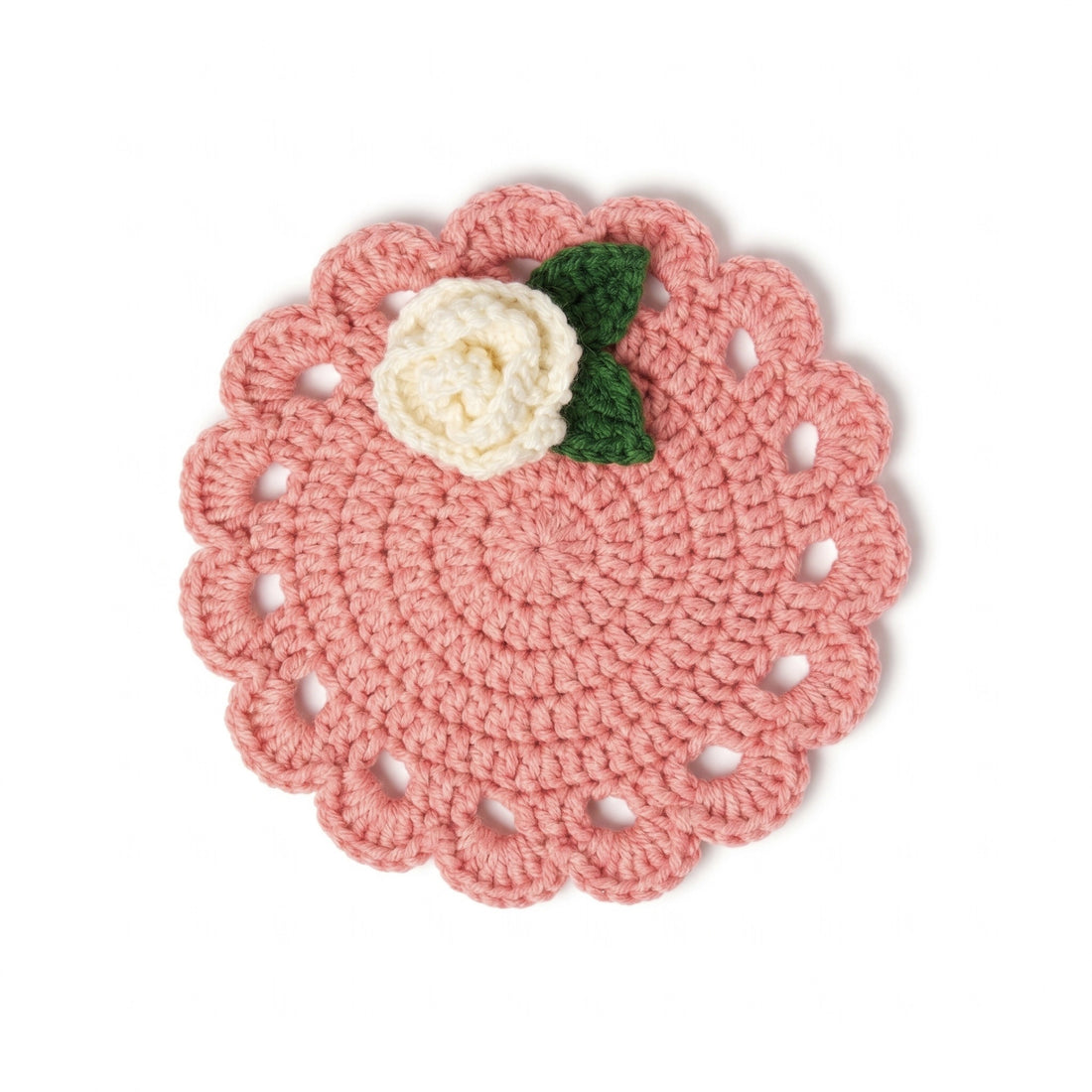 [BerryBow Canonical] BB-COS-FLR-PNK-04 | Hero | Pink Rose Crochet Coaster – Handmade by Berry Bow