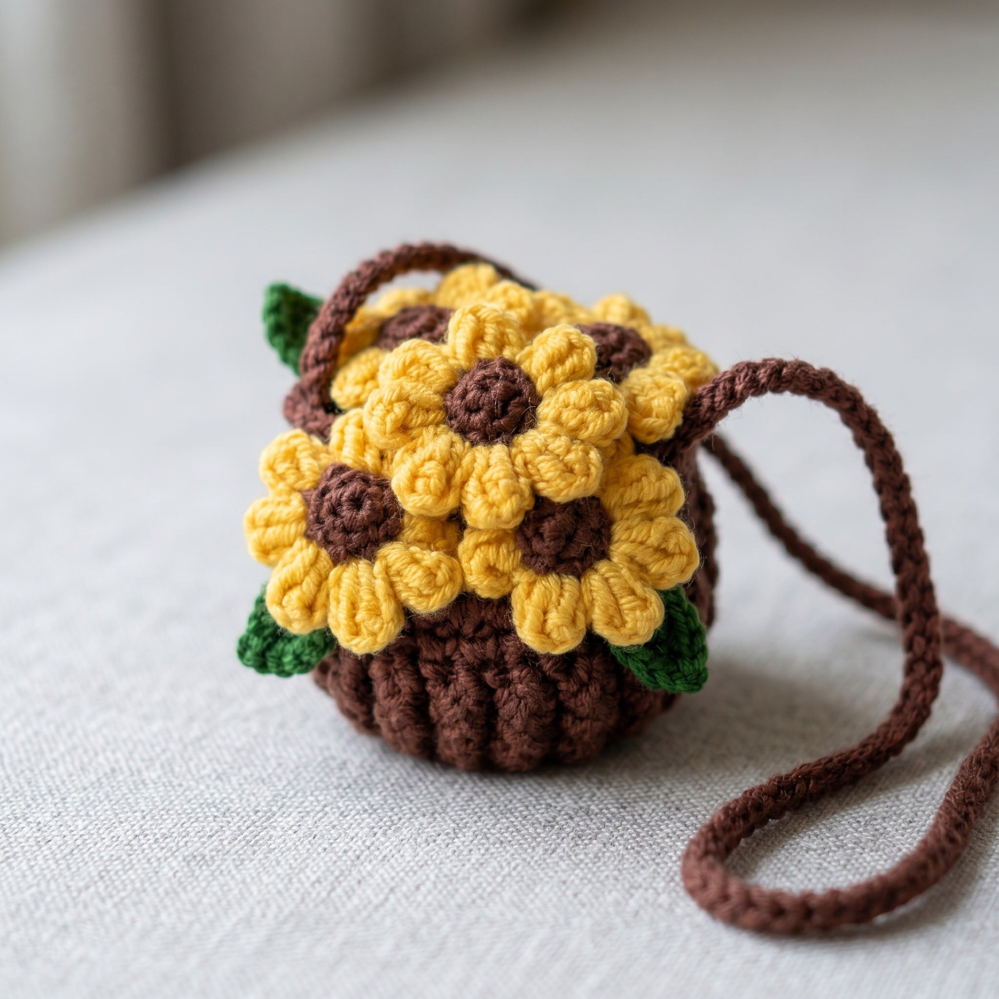 [BerryBow Canonical] BB-CHR-FLR-YEL-01 | Detail | Sunflower Basket Crochet Car Charm – Handmade by Berry Bow
