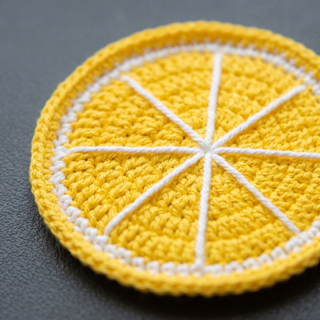 [BerryBow Canonical] BB-COS-FRU-YEL-02 | Hero | Lemon Slice Crochet Coaster – Handmade by Berry Bow