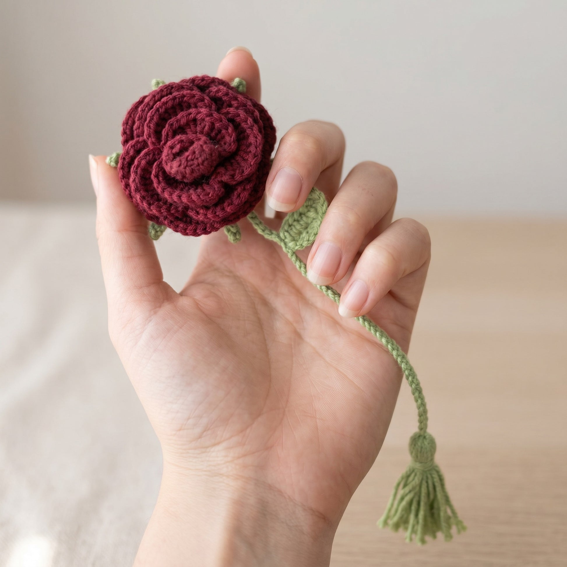 [BerryBow Canonical] BB-BM-ROS-BUR-01 | Scale | Burgundy Rose Crochet Bookmark – Handmade by Berry Bow