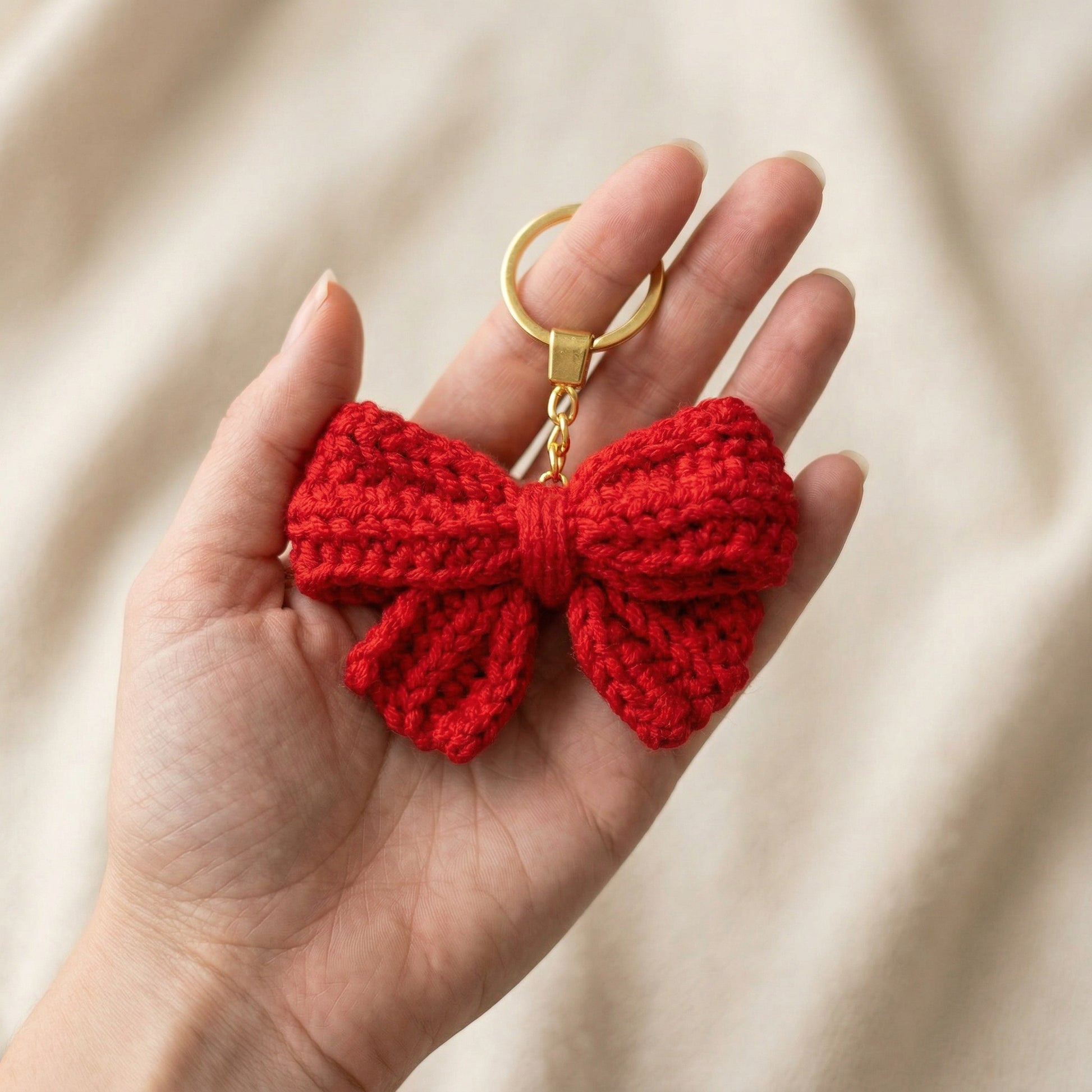 [BerryBow Canonical] BB-KC-RIB-RED-01 | Scale | Red Bow Crochet Keychain – Handmade by Berry Bow