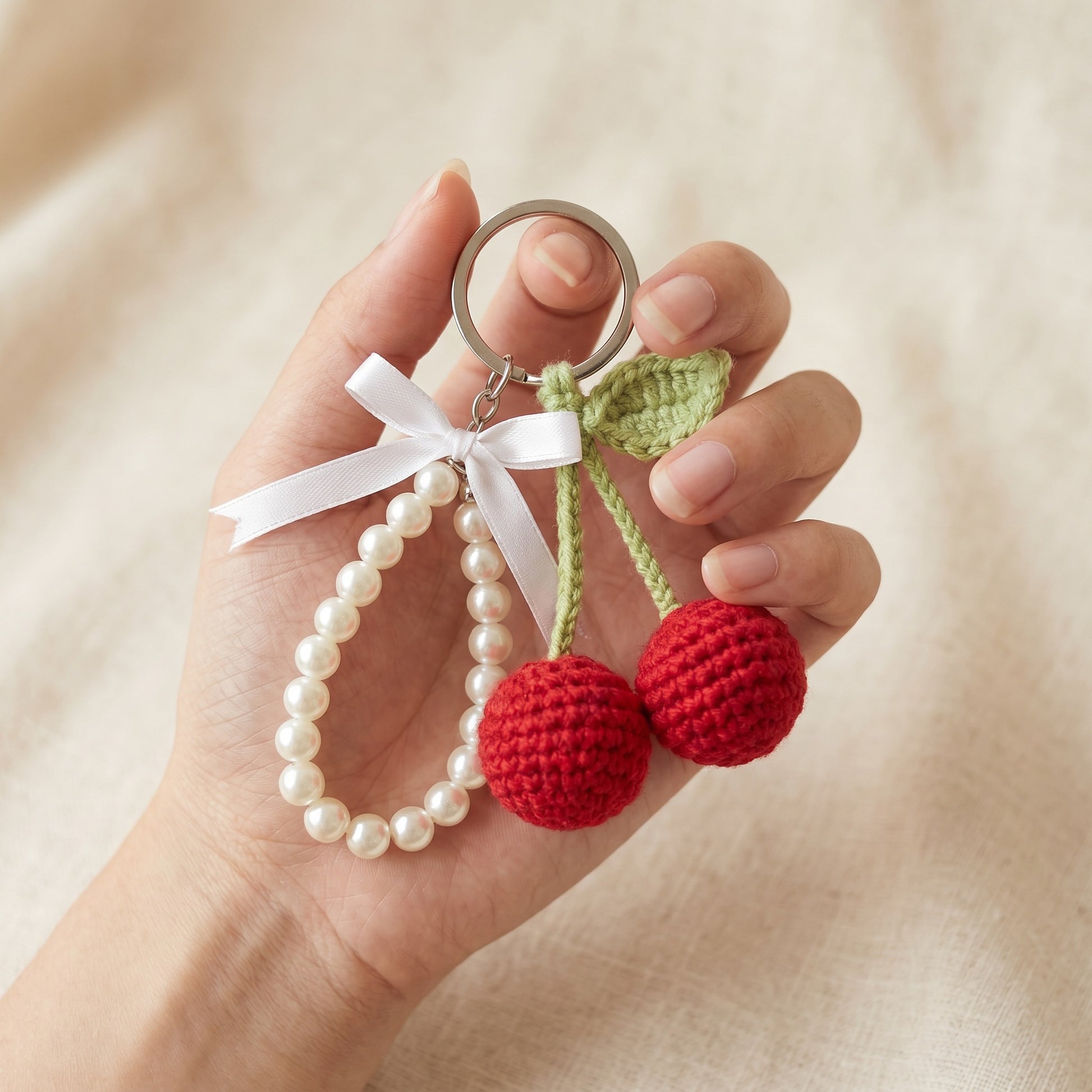 [BerryBow Canonical] BB-KC-BER-RED-01 | Scale | Cherry Pearl Crochet Keychain – Handmade by Berry Bow