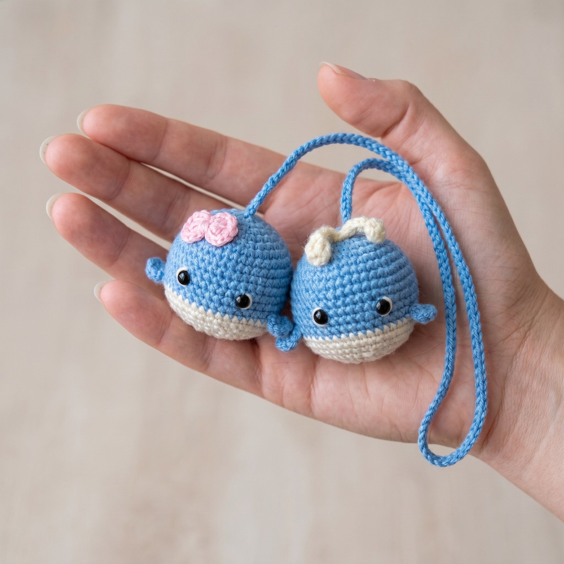 [BerryBow Canonical] BB-CHR-ANI-BLU-04 | Scale | Baby Whale Duo Crochet Car Charm – Handmade by Berry Bow