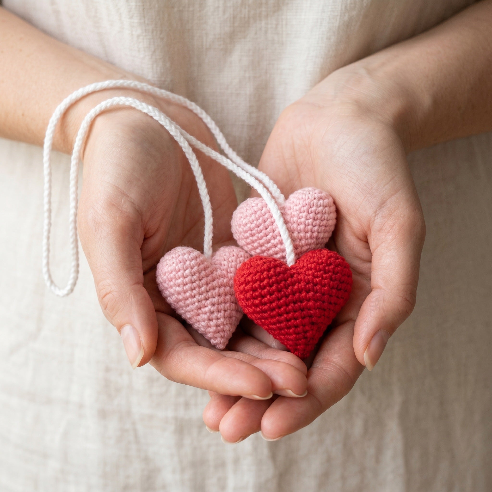[BerryBow Canonical] BB-CHR-HRT-MUL-01 | Scale | Heart Trio Crochet Car Charm – Handmade by Berry Bow