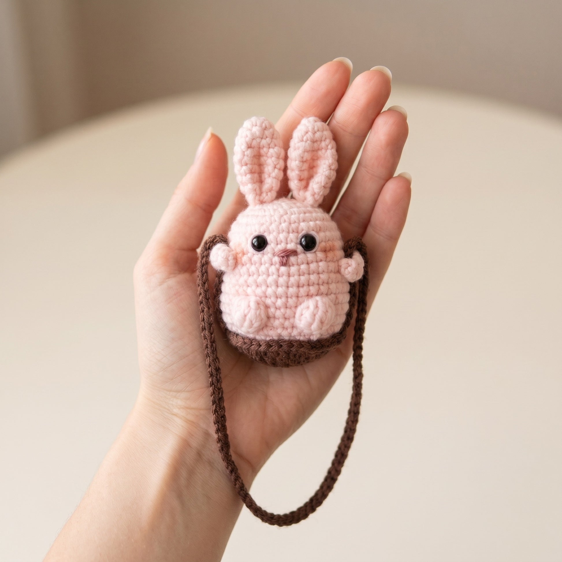 [BerryBow Canonical] BB-CHR-ANI-PNK-01 | Scale | Pink Bunny Crochet Car Charm – Handmade by Berry Bow