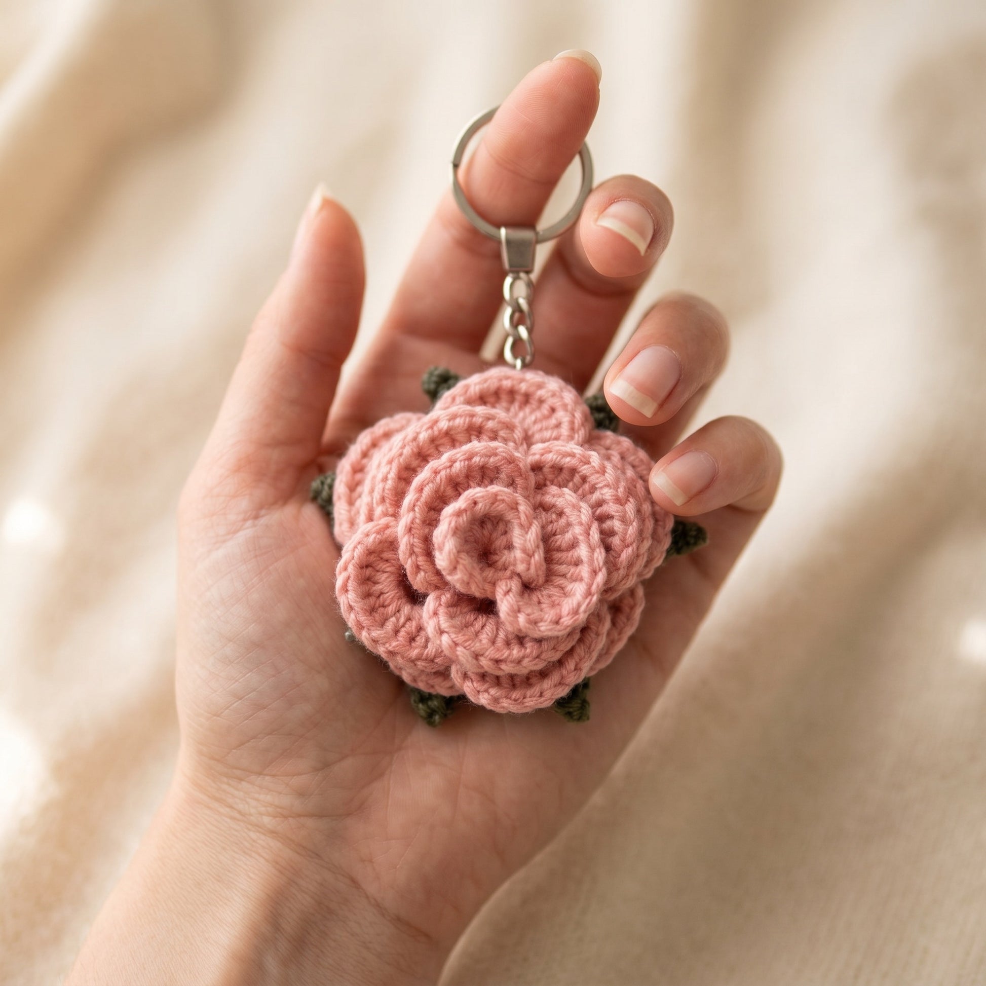 [BerryBow Canonical] BB-KC-ROS-PNK-02 | Scale | Pink Little Rose Crochet Keychain – Handmade by Berry Bow