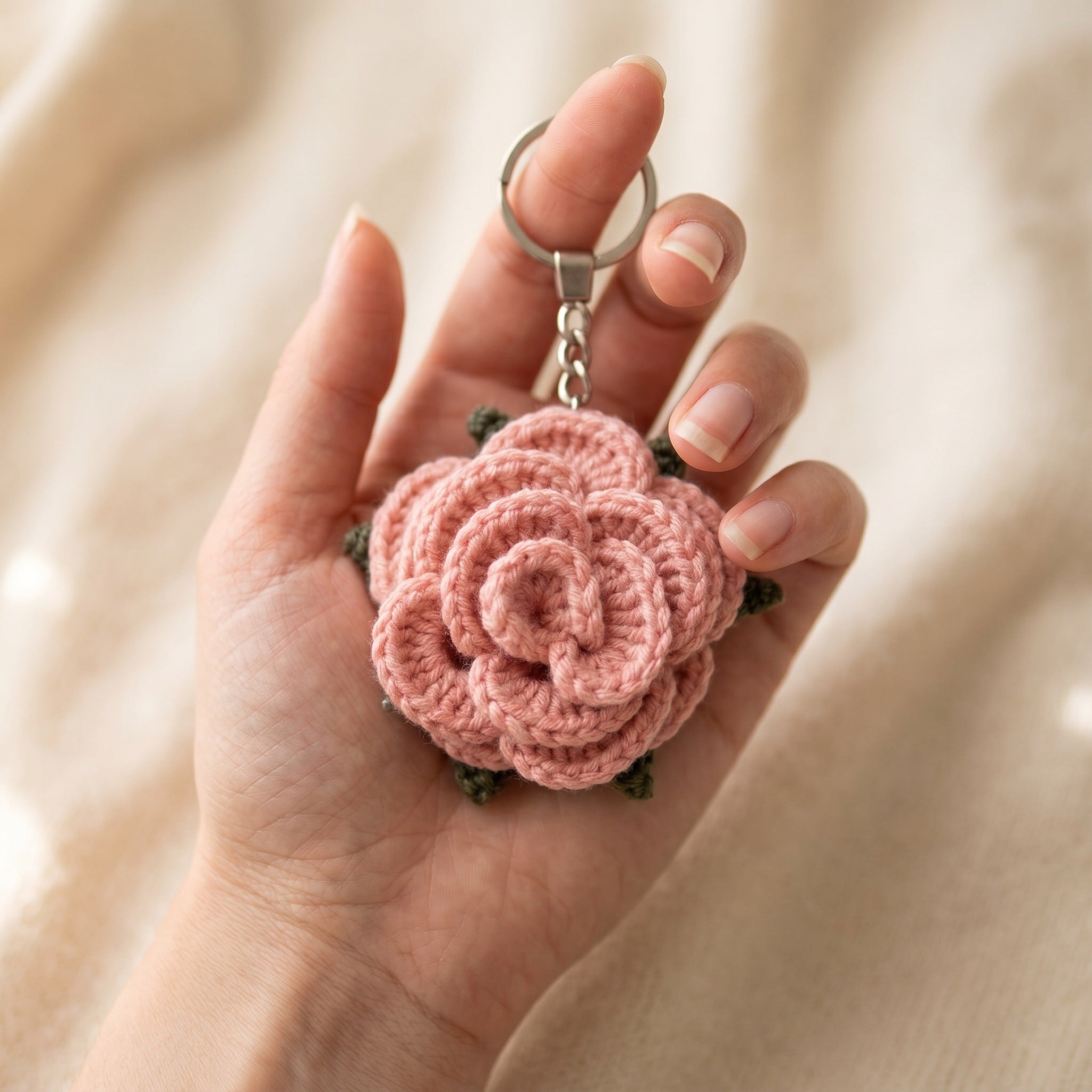 [BerryBow Canonical] BB-KC-ROS-PNK-02 | Scale | Pink Little Rose Crochet Keychain – Handmade by Berry Bow