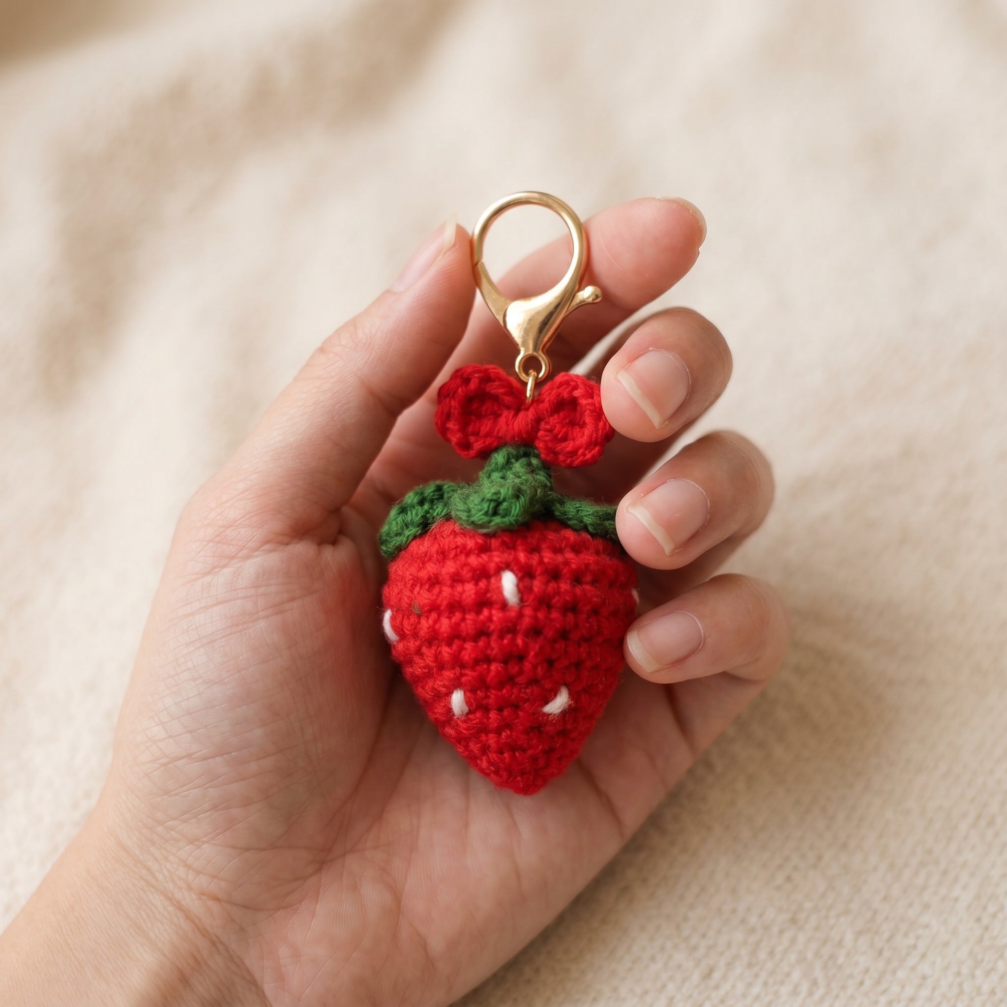 [BerryBow Canonical] BB-KC-BER-RED-02 | Scale | Strawberry Bow Crochet Keychain – Handmade by Berry Bow