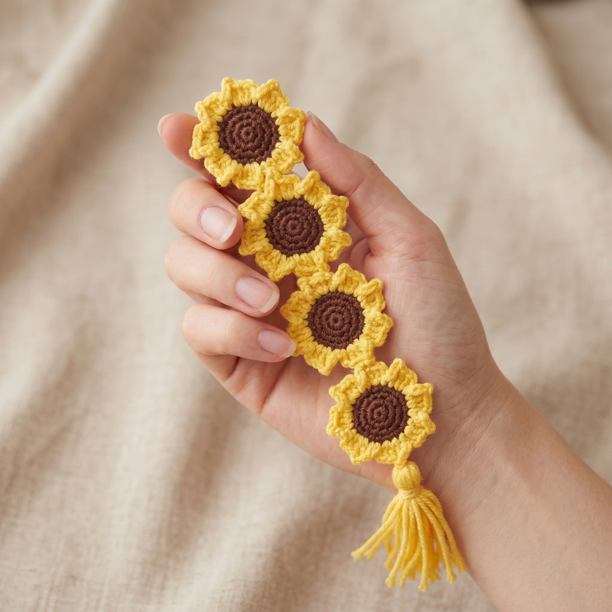 [BerryBow Canonical] BB-BM-FLO-YEL-01 | Scale | Baby Sunflower Crochet Bookmark – Handmade by Berry Bow