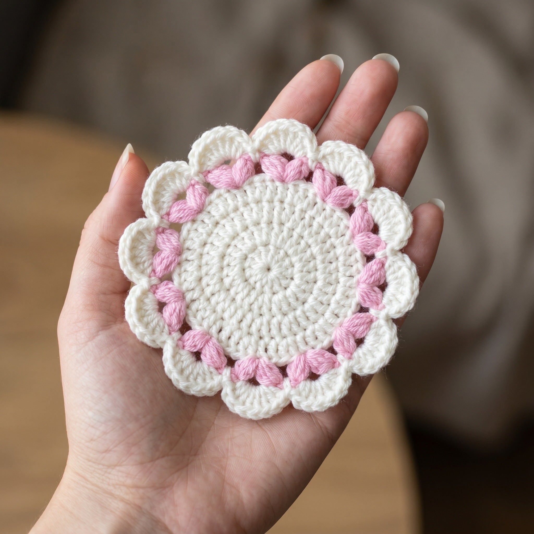 [BerryBow Canonical] BB-COS-FLR-PNK-01 | Scale | White Flame Crochet Coaster – Handmade by Berry Bow