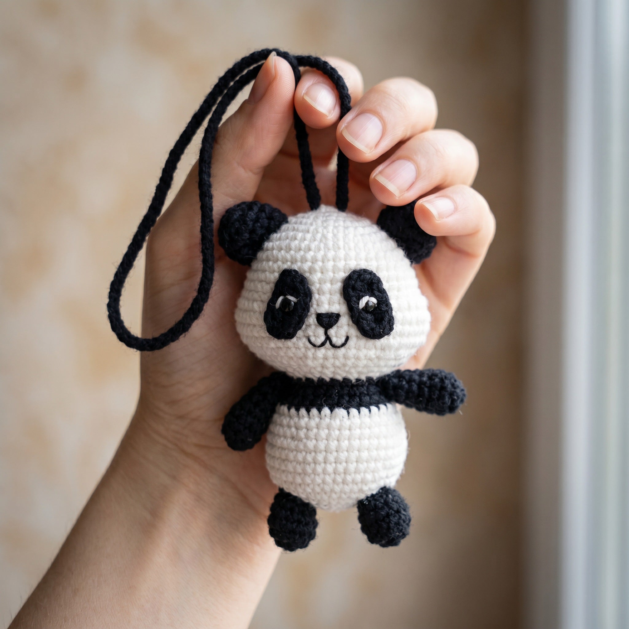 [BerryBow Canonical] BB-CHR-ANI-BWH-01 | Scale | Little Panda Crochet Car Charm – Handmade by Berry Bow