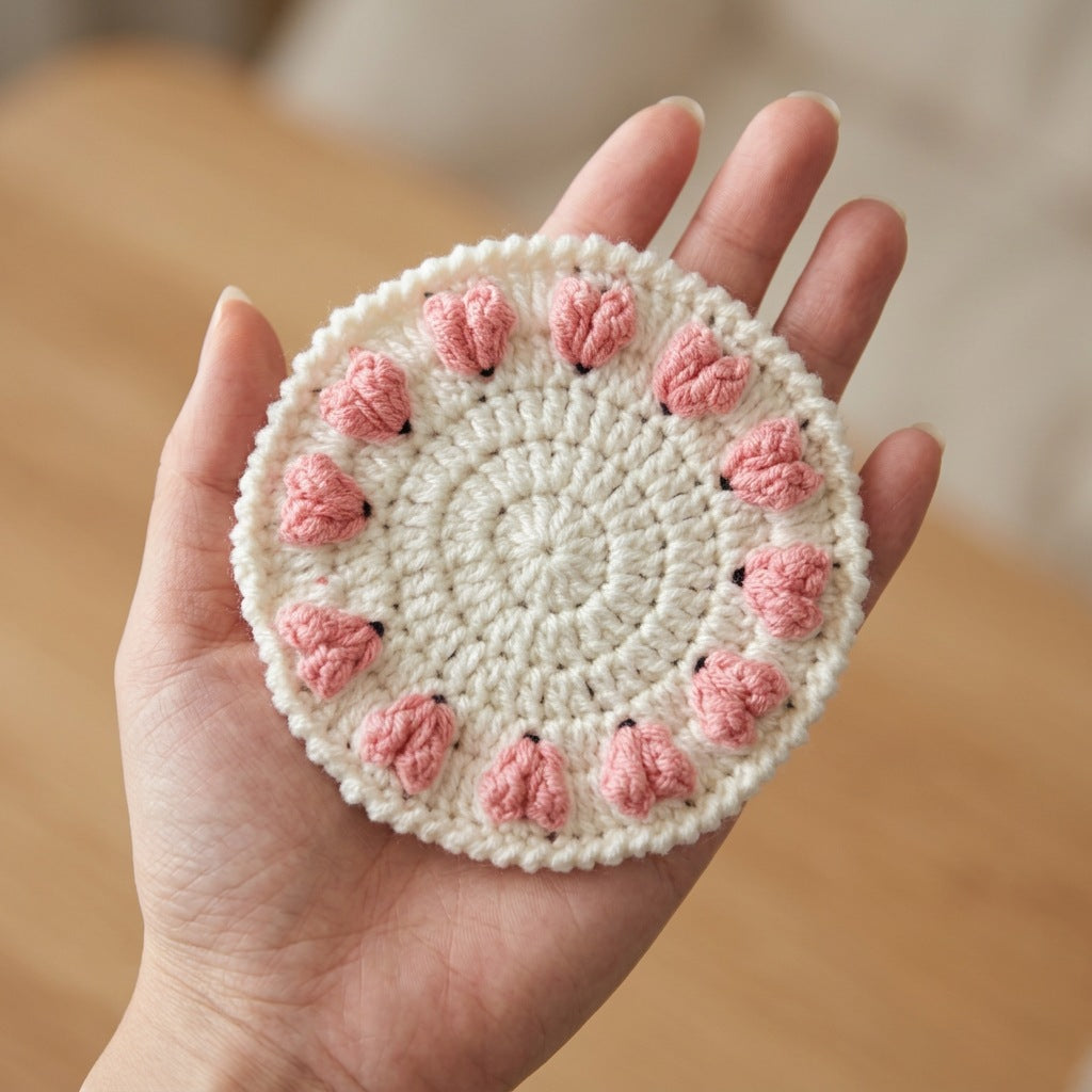 [BerryBow Canonical] BB-COS-FLR-PNK-02 | Scale | Pink Hearts Crochet Coaster – Handmade by Berry Bow