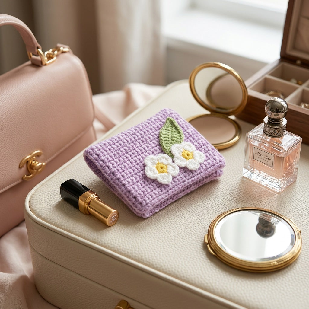 [BerryBow Canonical] BB-POU-PUR-BLS-01 | Lifestyle | Purple Blossom Crochet Pouch – Handmade by Berry Bow