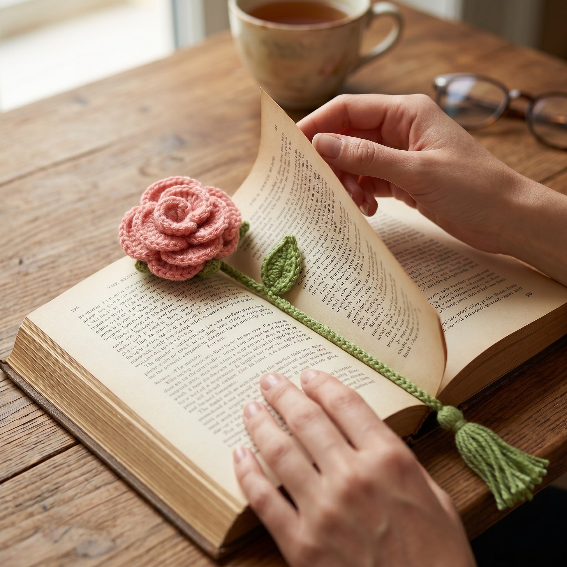 [BerryBow Canonical] BB-BM-ROS-PNK-01 | Lifestyle | Pink Rose Crochet Bookmark – Handmade by Berry Bow