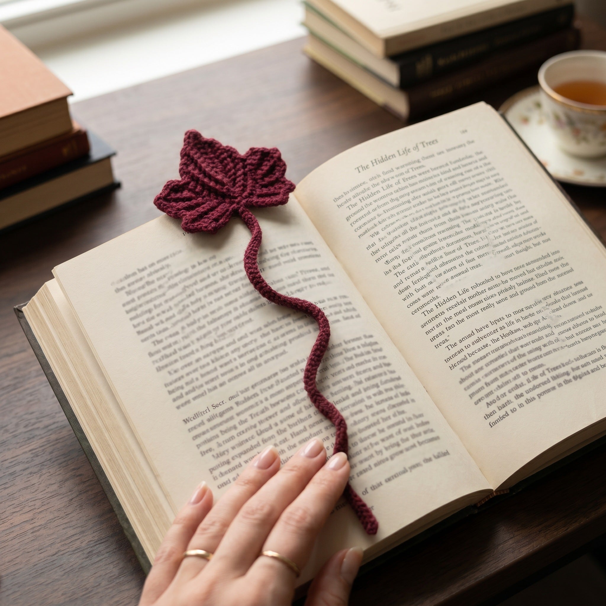 [BerryBow Canonical] BB-BM-LEF-BUR-01 | Lifestyle | Burgundy Leaf Crochet Bookmark – Handmade by Berry Bow