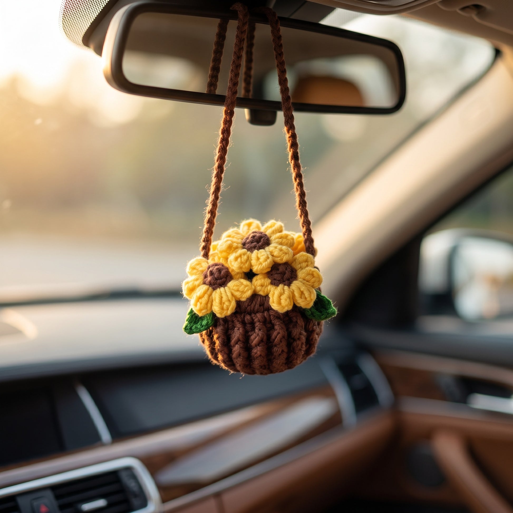 [BerryBow Canonical] BB-CHR-FLR-YEL-01 | Lifestyle | Sunflower Basket Crochet Car Charm – Handmade by Berry Bow