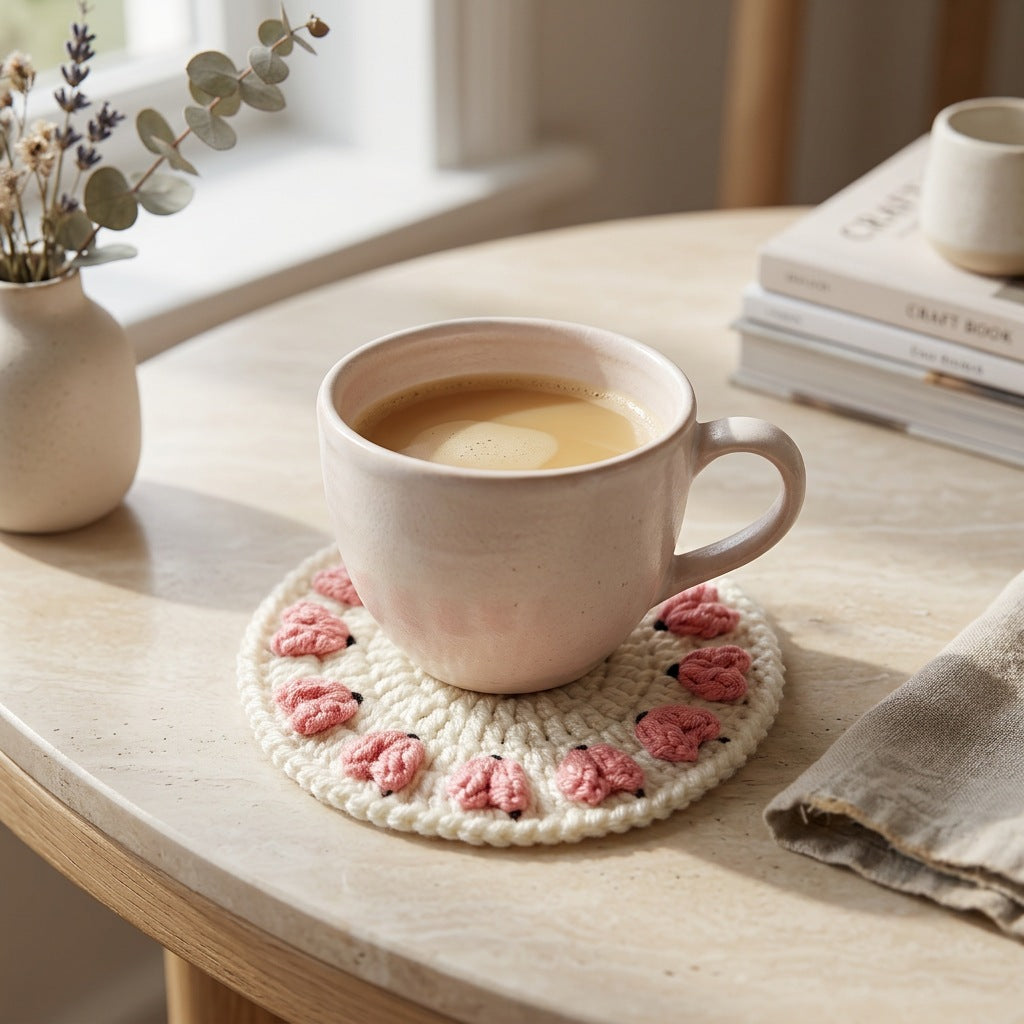 [BerryBow Canonical] BB-COS-FLR-PNK-02 | Lifestyle | Pink Hearts Crochet Coaster – Handmade by Berry Bow