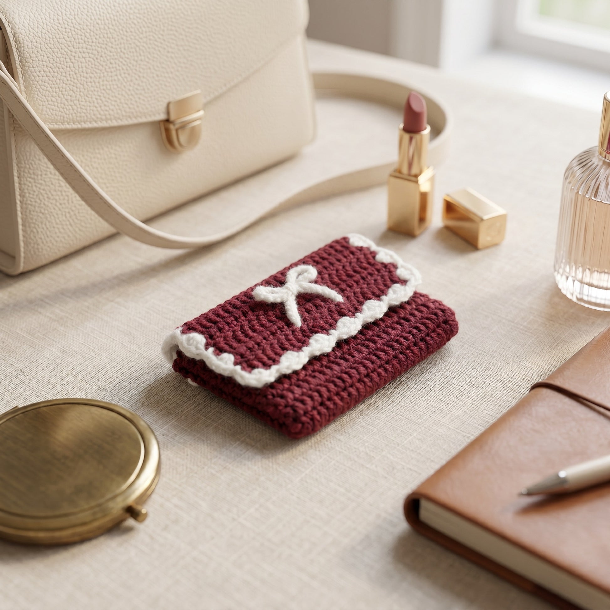 [BerryBow Canonical] BB-POU-BUR-BOW-07 | Lifestyle | Burgundy Bow Crochet Pouch – Handmade by Berry Bow