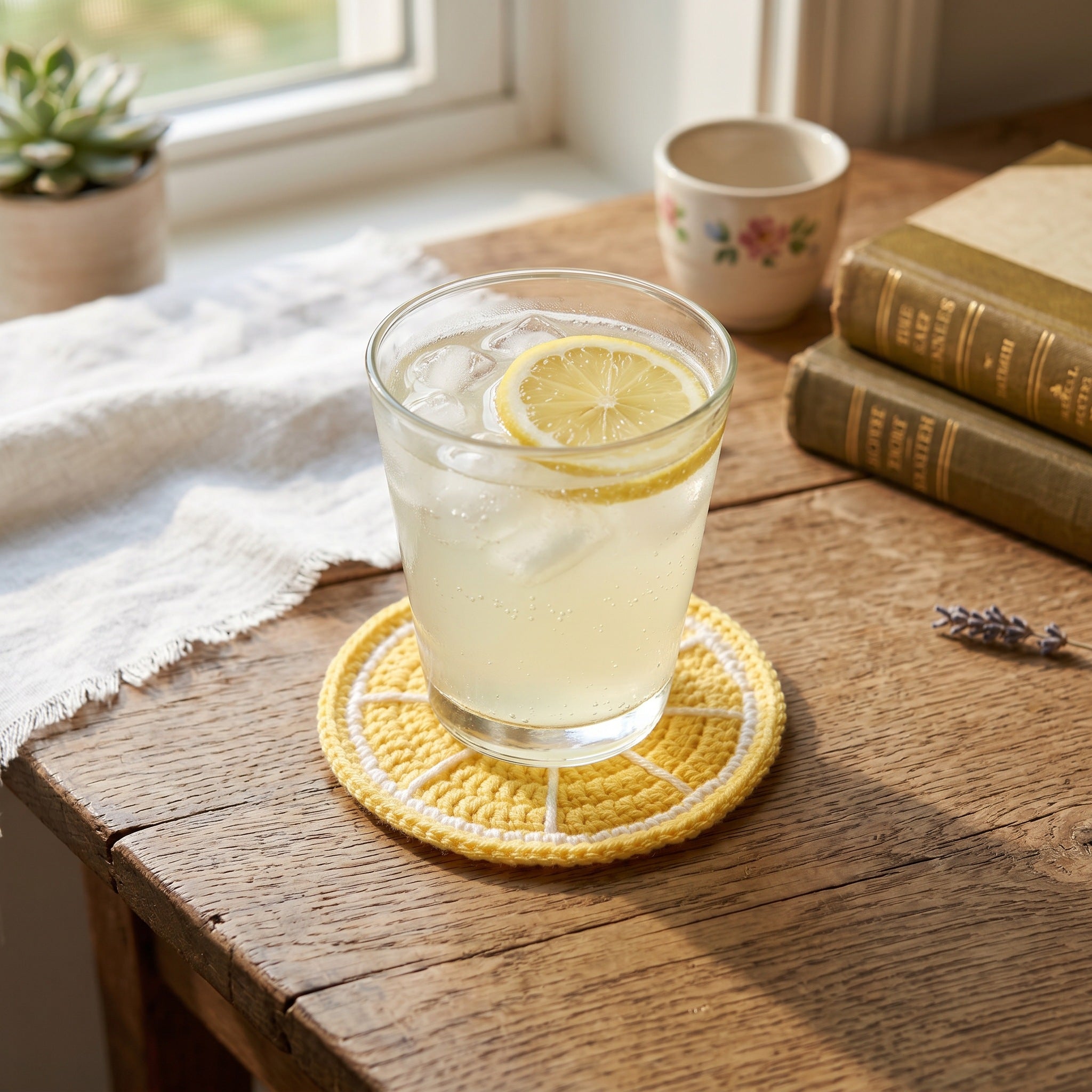 [BerryBow Canonical] BB-COS-FRU-YEL-02 | Lifestyle | Lemon Slice Crochet Coaster – Handmade by Berry Bow