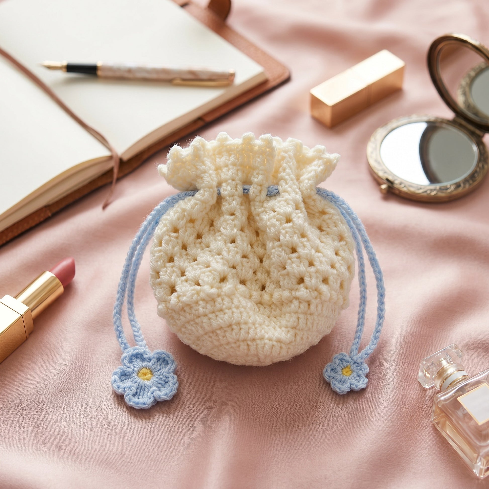 [BerryBow Canonical] BB-POU-OWH-BBL-06 | Lifestyle | Baby Blue Blossom Crochet Pouch – Handmade by Berry Bow