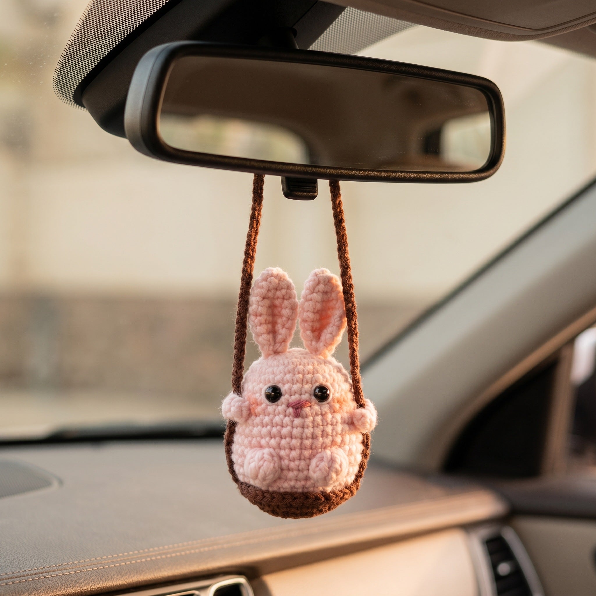 [BerryBow Canonical] BB-CHR-ANI-PNK-01 | Lifestyle | Pink Bunny Crochet Car Charm – Handmade by Berry Bow