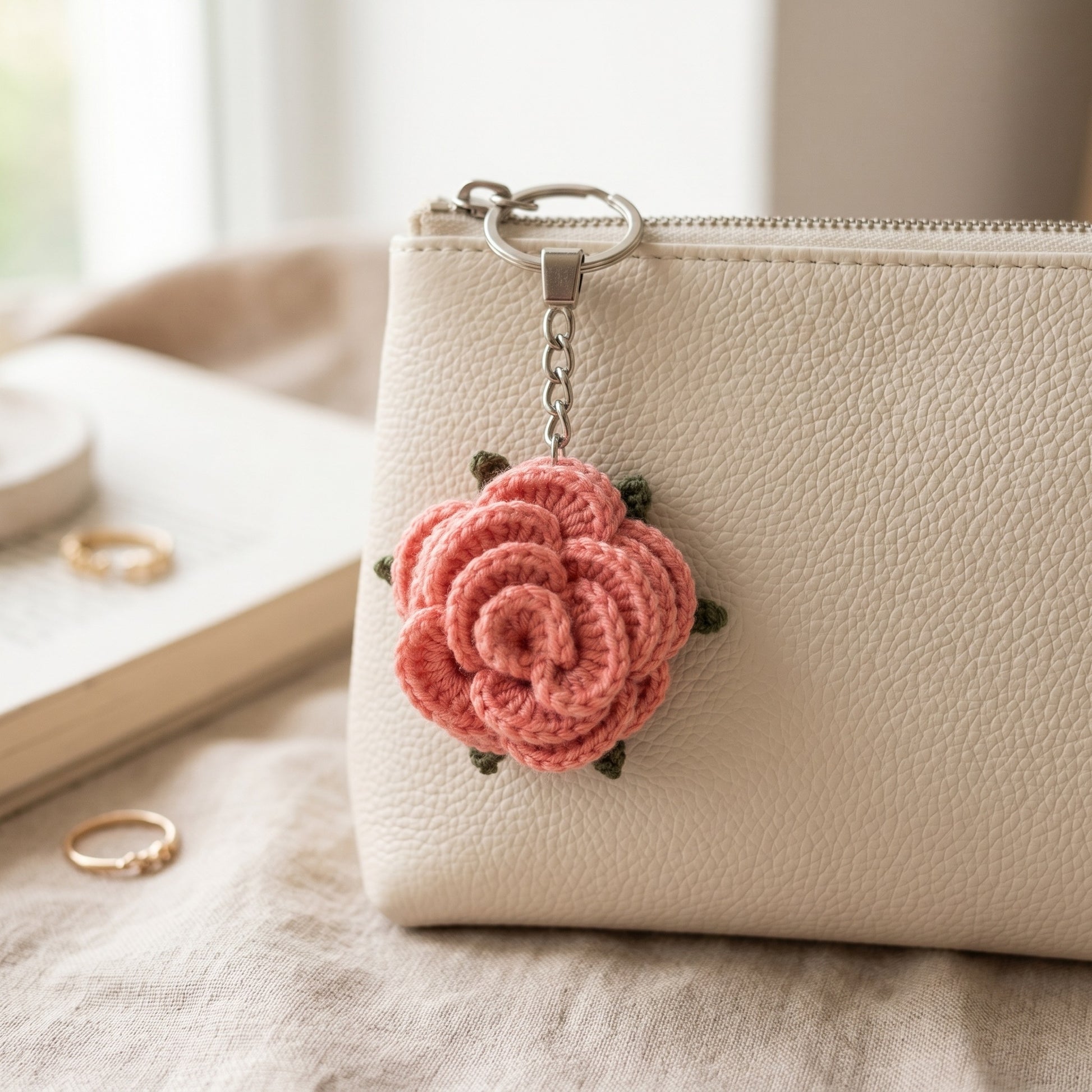 [BerryBow Canonical] BB-KC-ROS-PNK-02 | Lifestyle | Pink Little Rose Crochet Keychain – Handmade by Berry Bow