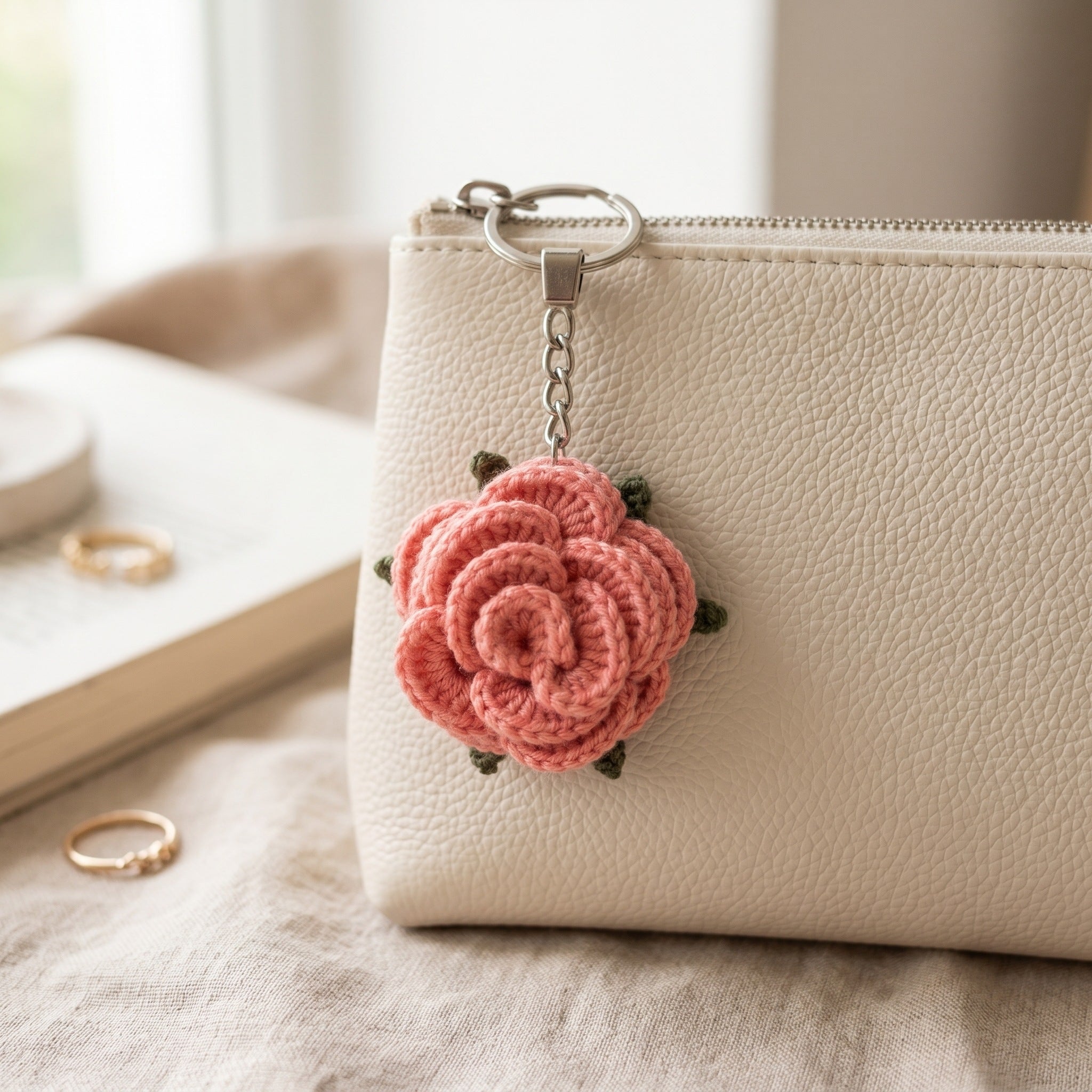 [BerryBow Canonical] BB-KC-ROS-PNK-02 | Lifestyle | Pink Little Rose Crochet Keychain – Handmade by Berry Bow