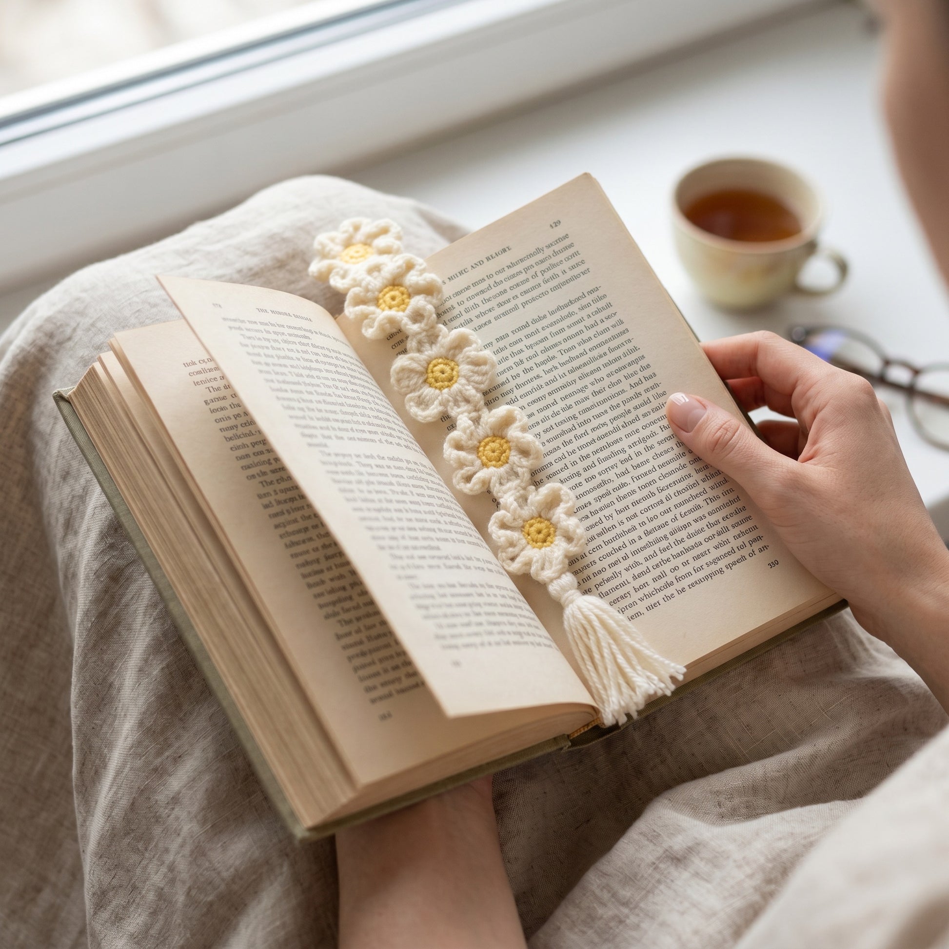 [BerryBow Canonical] BB-BM-DAI-WHT-02 | Lifestyle | Daisy Chain Crochet Bookmark – Handmade by Berry Bow