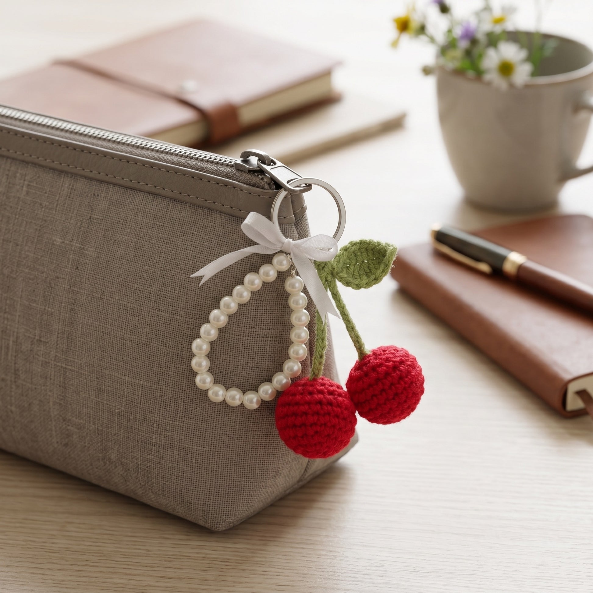 [BerryBow Canonical] BB-KC-BER-RED-01 | Lifestyle | Cherry Pearl Crochet Keychain – Handmade by Berry Bow