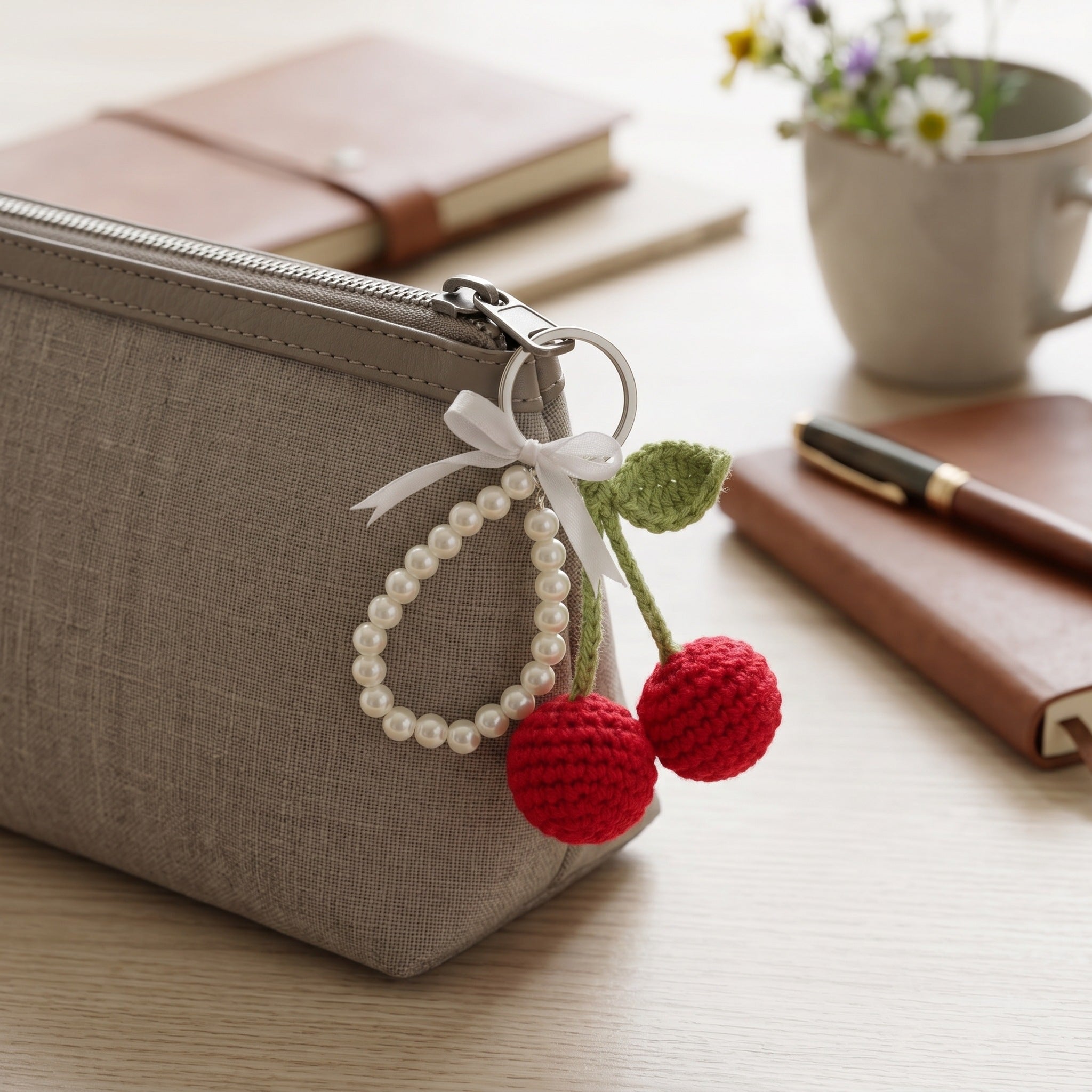 [BerryBow Canonical] BB-KC-BER-RED-01 | Lifestyle | Cherry Pearl Crochet Keychain – Handmade by Berry Bow