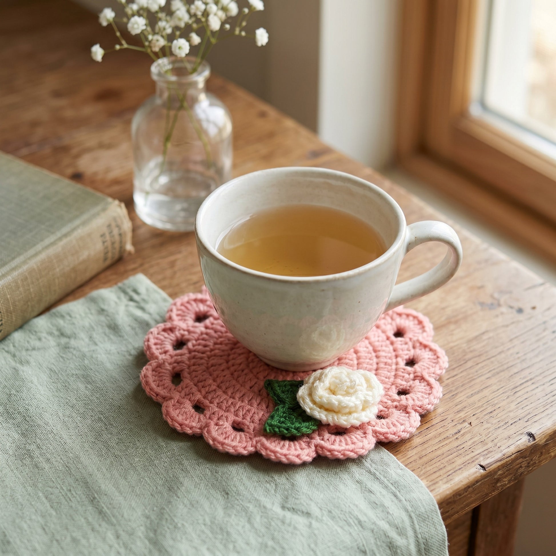 [BerryBow Canonical] BB-COS-FLR-PNK-04 | Lifestyle | Pink Rose Crochet Coaster – Handmade by Berry Bow