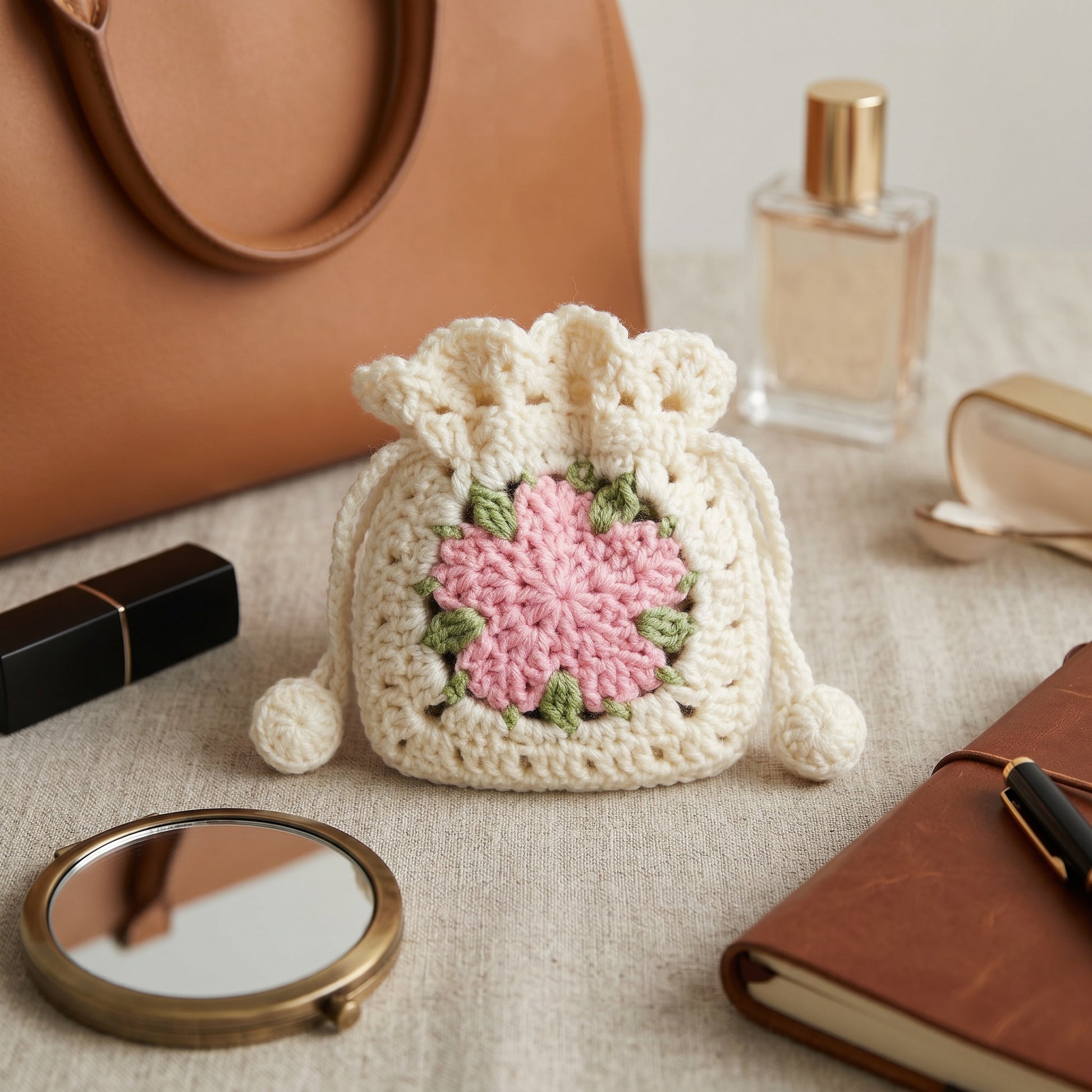 [BerryBow Canonical] BB-POU-OWH-PNK-05 | Lifestyle | Pink Bloom Crochet Pouch – Handmade by Berry Bow