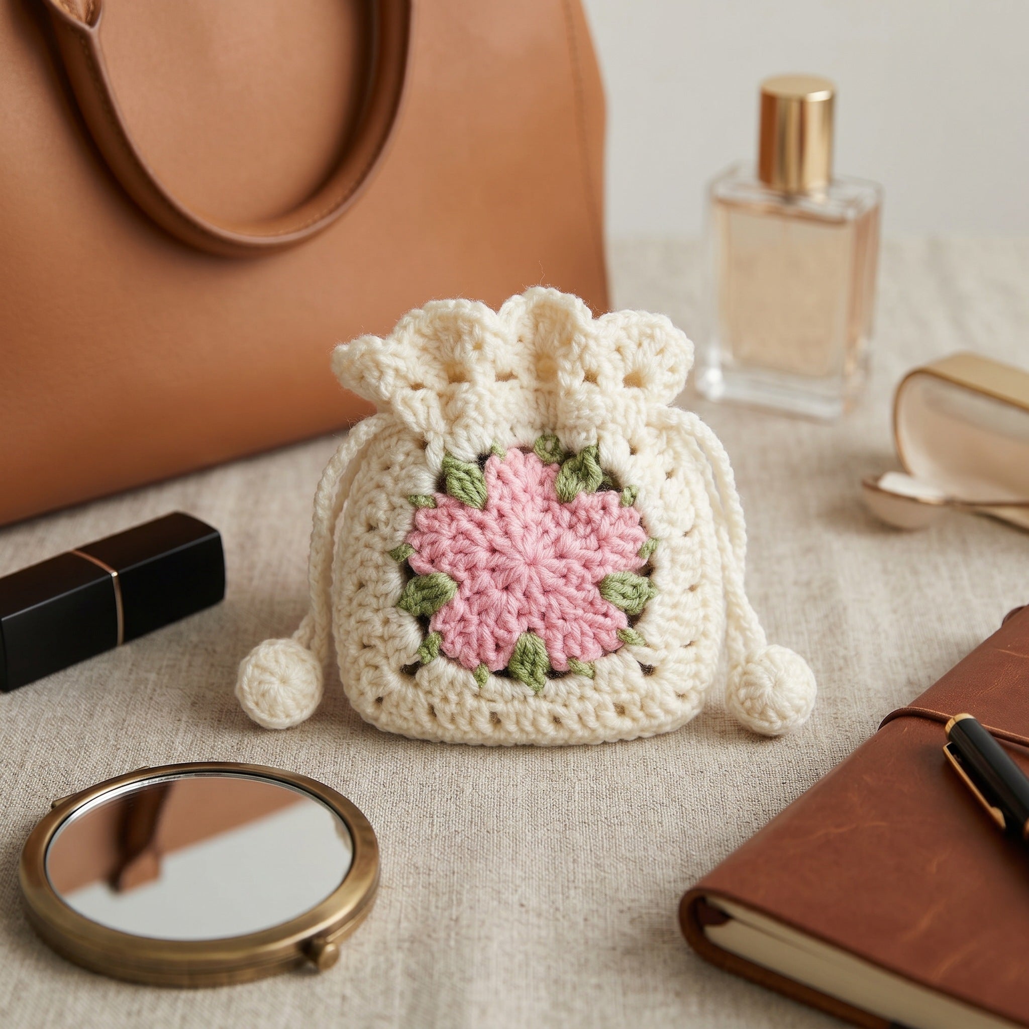 [BerryBow Canonical] BB-POU-OWH-PNK-05 | Lifestyle | Pink Bloom Crochet Pouch – Handmade by Berry Bow