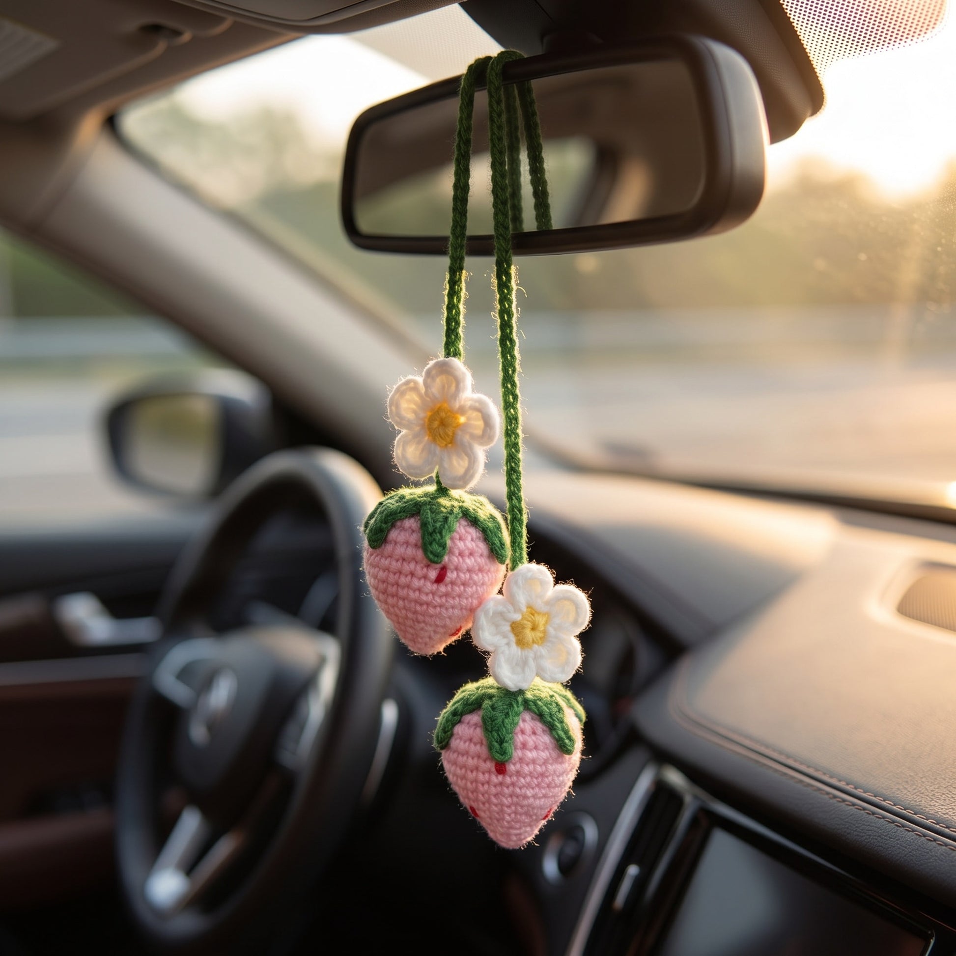 [BerryBow Canonical] BB-CHR-FRU-RED-01 | Lifestyle | Strawberry Bloom Crochet Car Charm – Handmade by Berry Bow