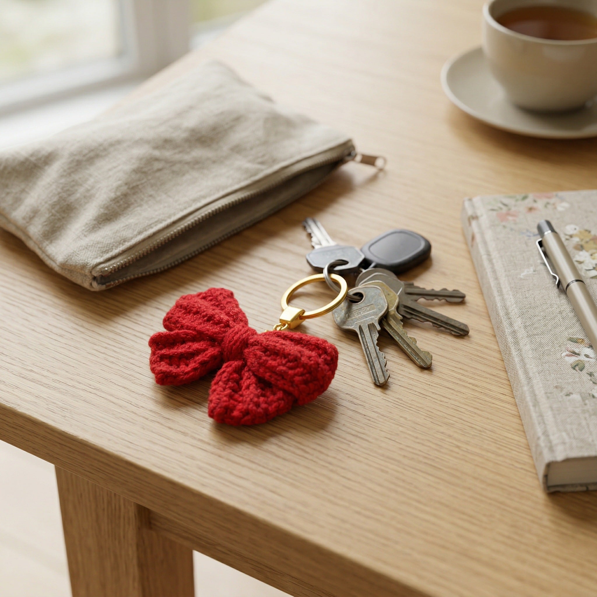 [BerryBow Canonical] BB-KC-RIB-RED-01 | Lifestyle | Red Bow Crochet Keychain – Handmade by Berry Bow