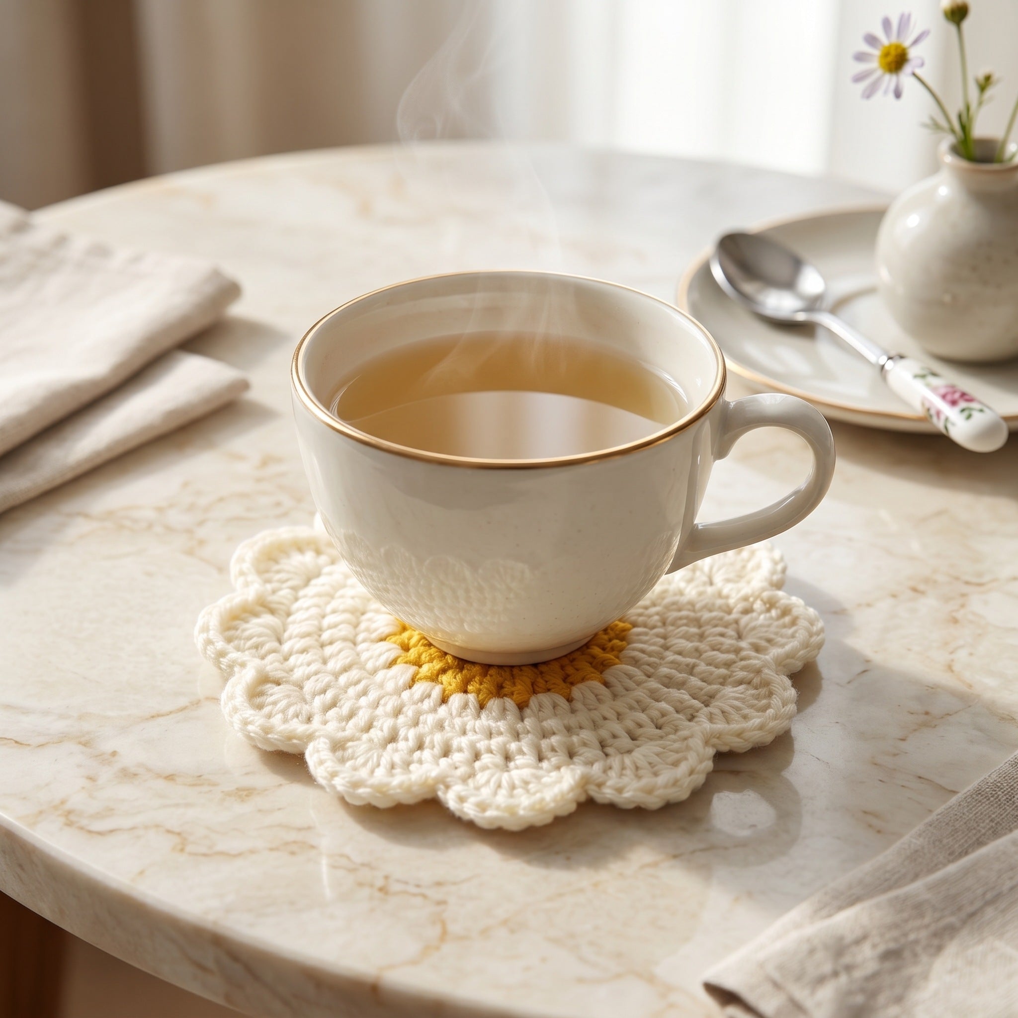 [BerryBow Canonical] BB-COS-FLR-WHT-01 | Lifestyle | White Daisy Crochet Coaster – Handmade by Berry Bow