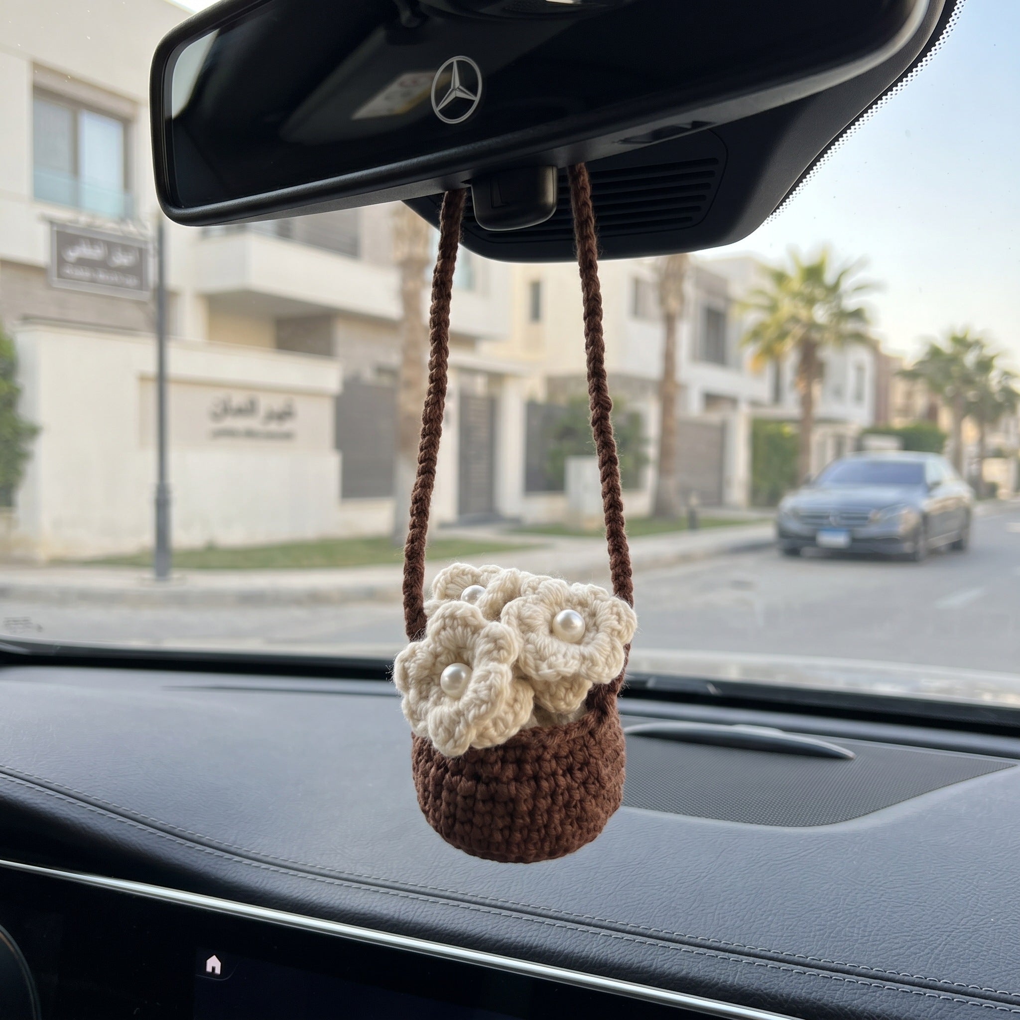 [BerryBow Canonical] BB-CHR-FLR-WHT-01 | Lifestyle | White Basket Crochet Car Charm – Handmade by Berry Bow