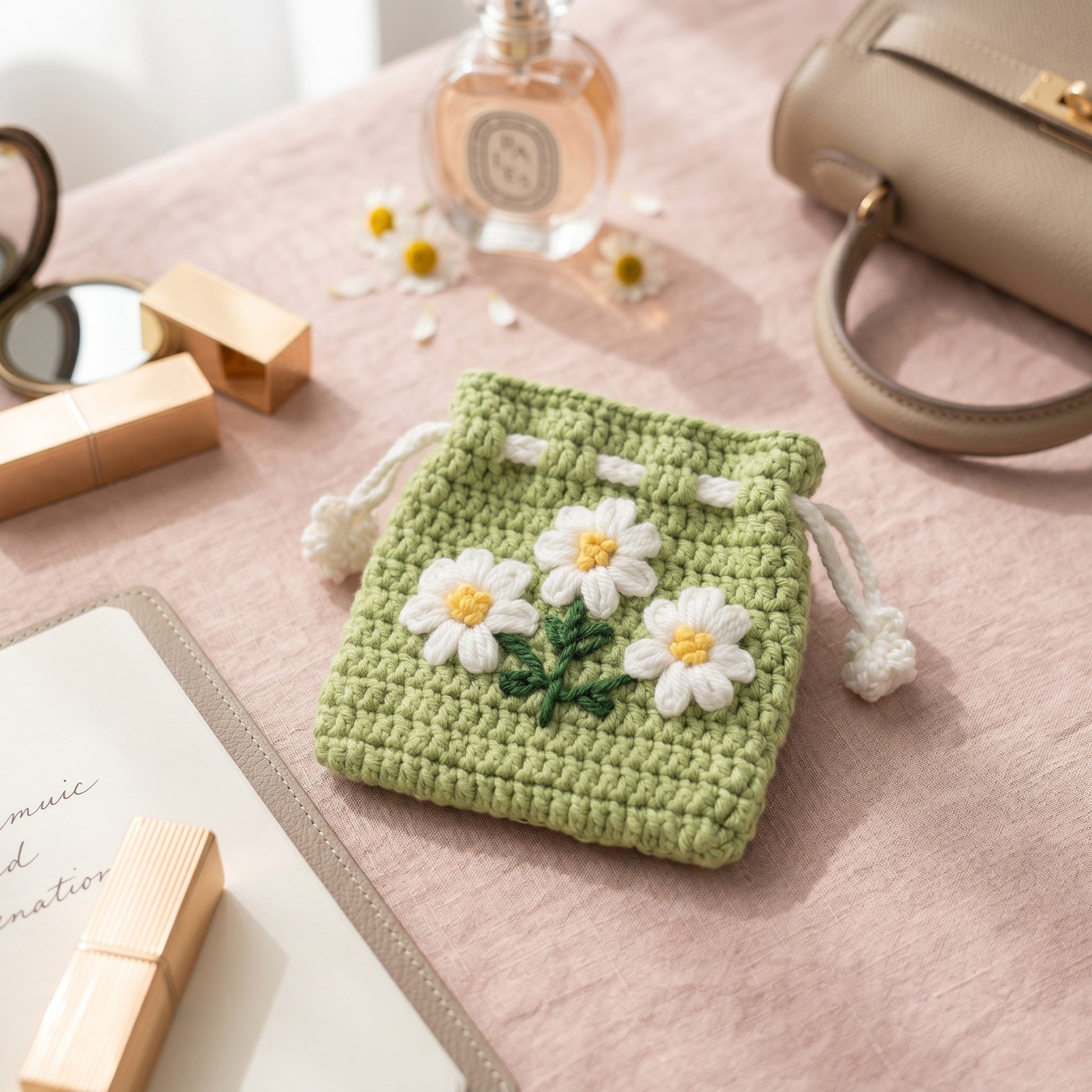 [BerryBow Canonical] BB-POU-GRN-DAI-03 | Lifestyle | Green Daisy Crochet Pouch – Handmade by Berry Bow